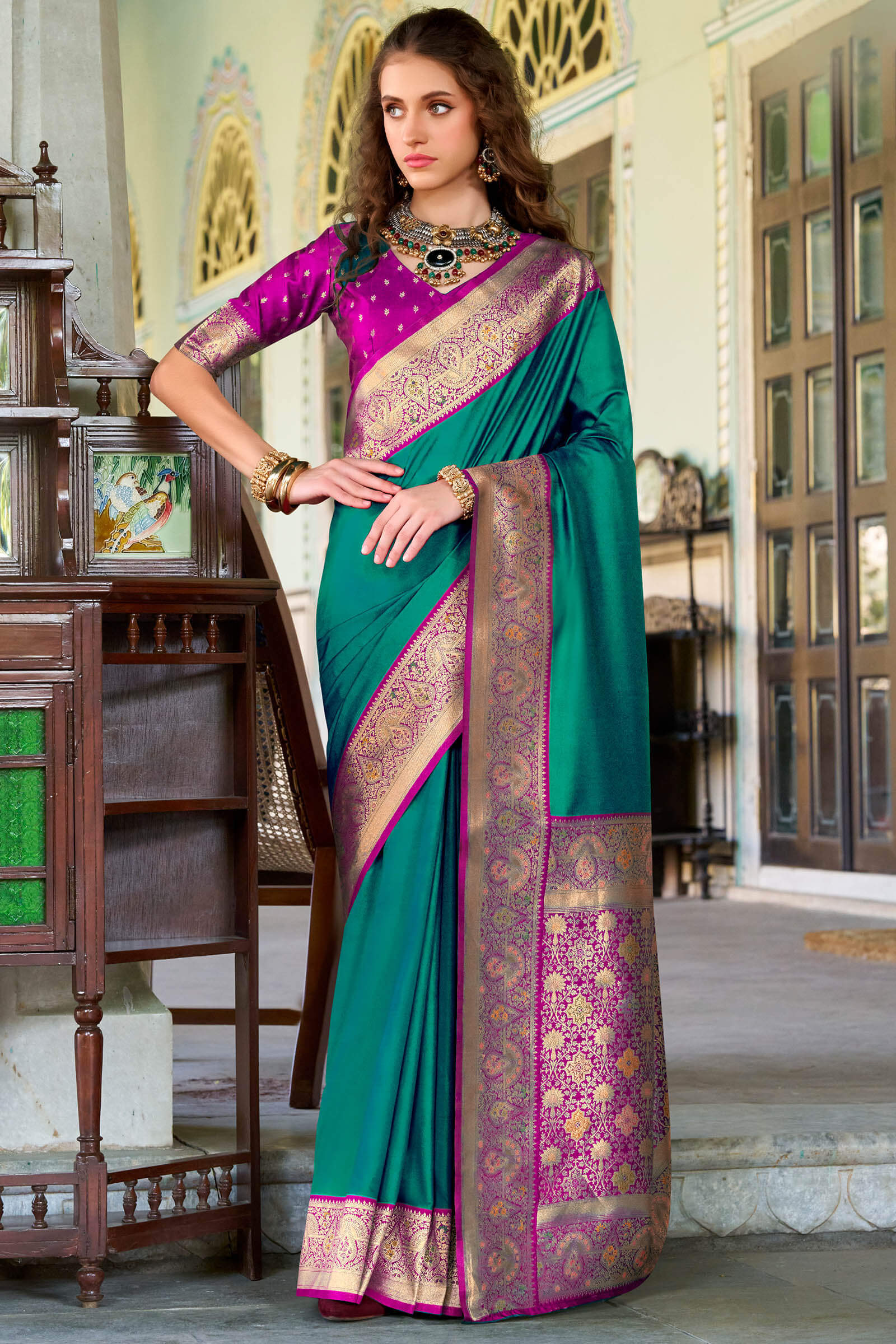 Winsome Rama Soft Banarasi Silk Saree With Chatoyant Blouse Piece