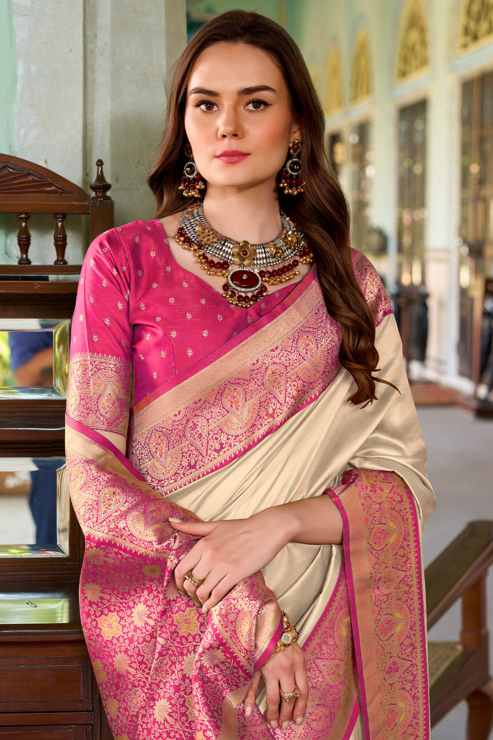 Redolent Beige Soft Banarasi Silk Saree With Ebullience Blouse Piece