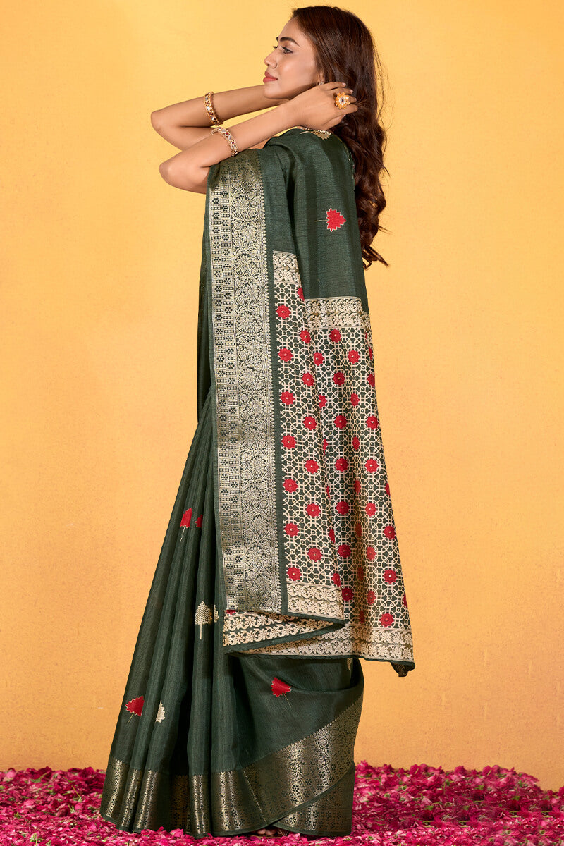 Imbrication Dark Green Foil Printed Dola Silk Saree With Susurrous Blouse Piece