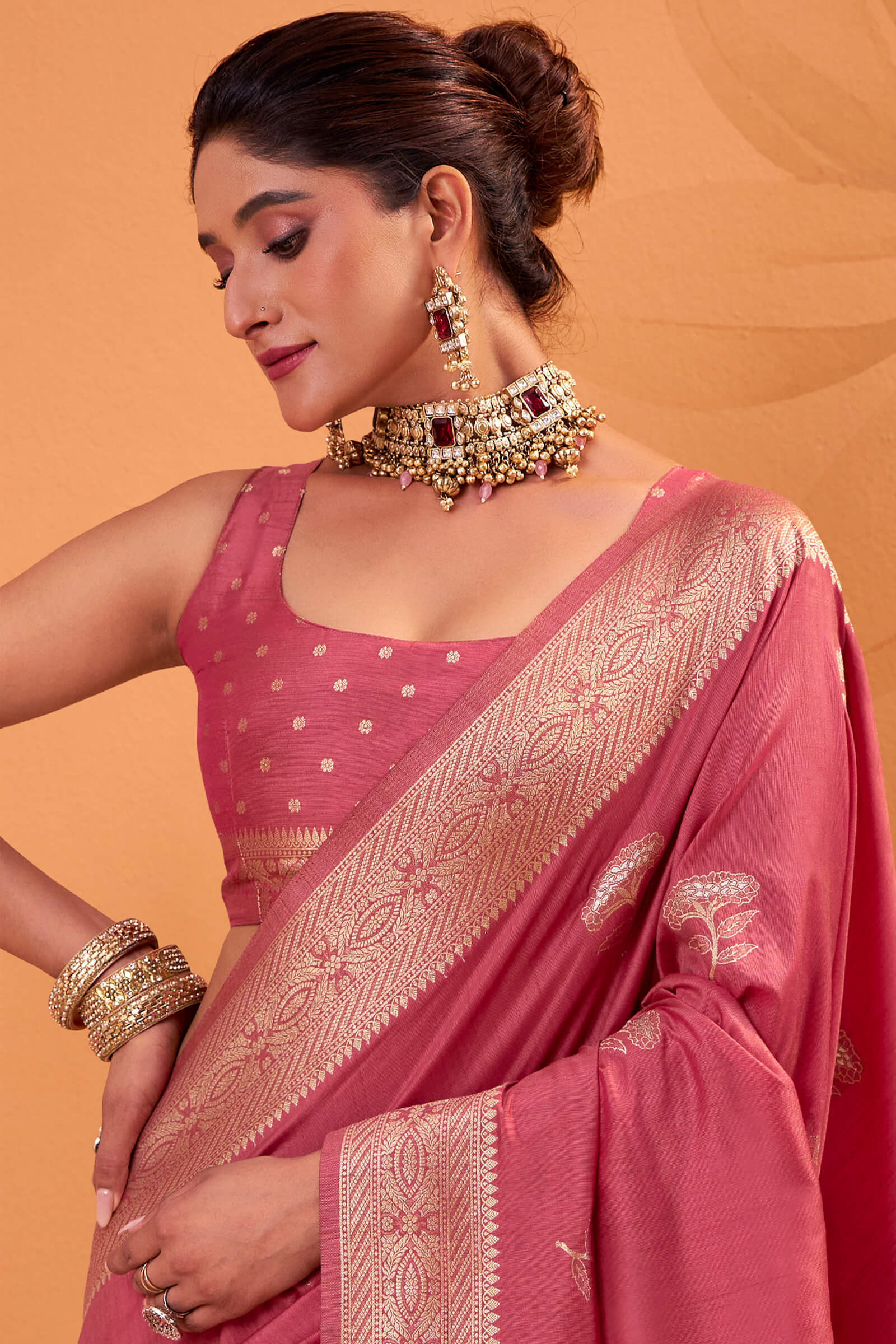 Rhapsodic Pink Banarasi Tussar Silk Saree With Zephyr Blouse Piece