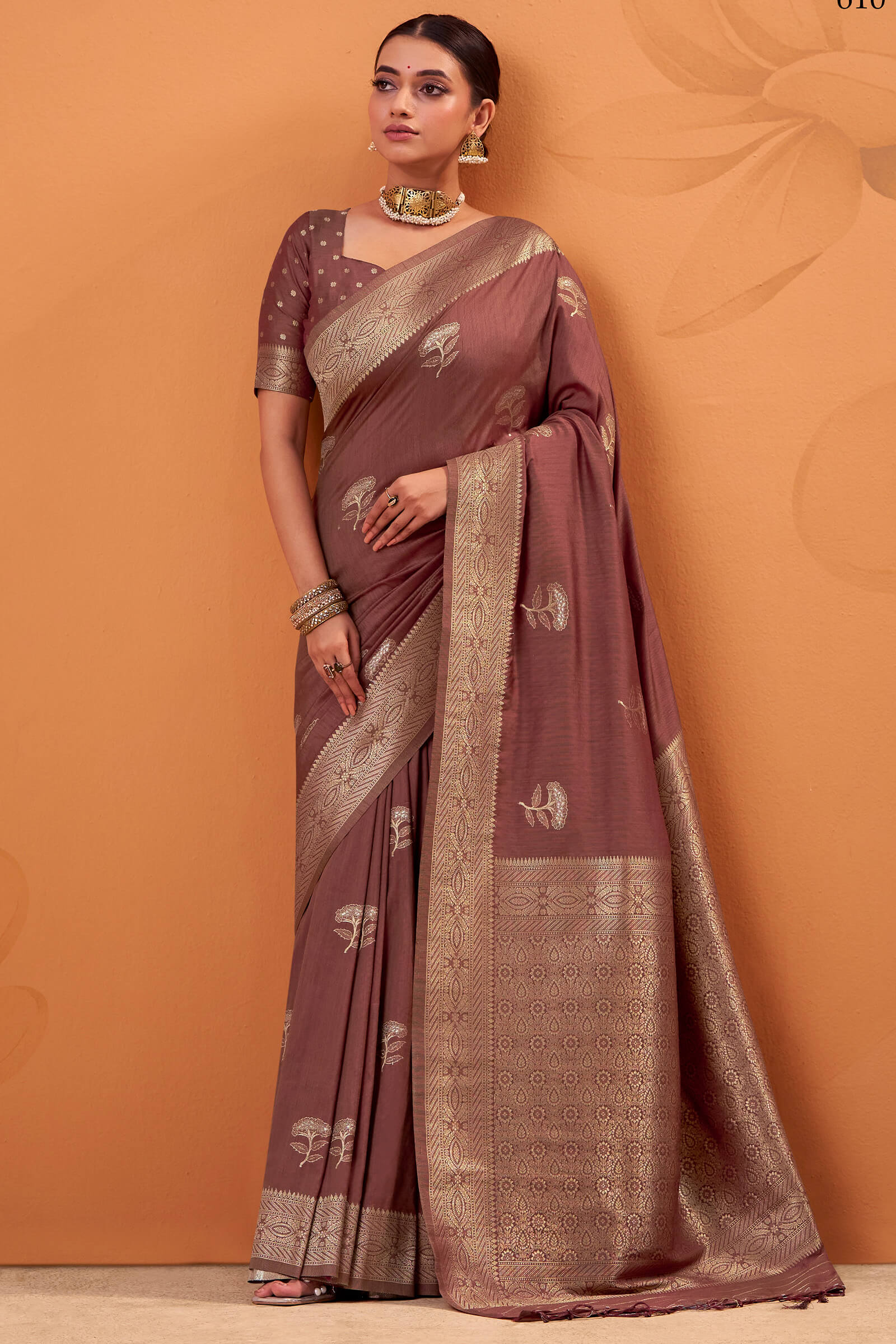 Dalliance Brown Banarasi Tussar Silk Saree With Demesne Blouse Piece