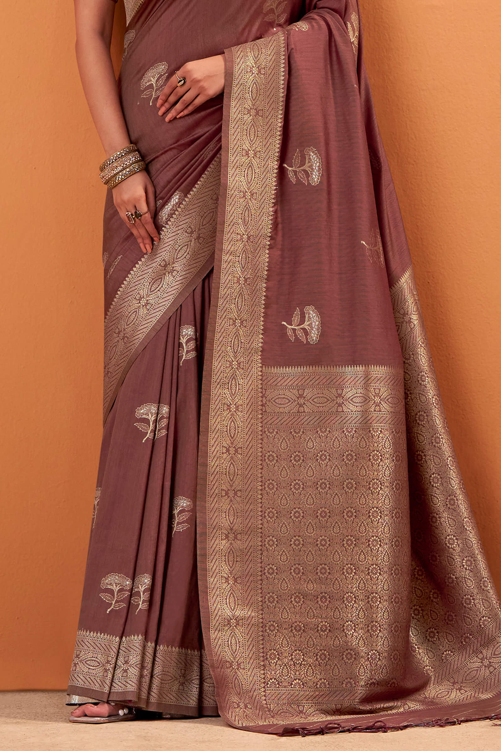 Dalliance Brown Banarasi Tussar Silk Saree With Demesne Blouse Piece