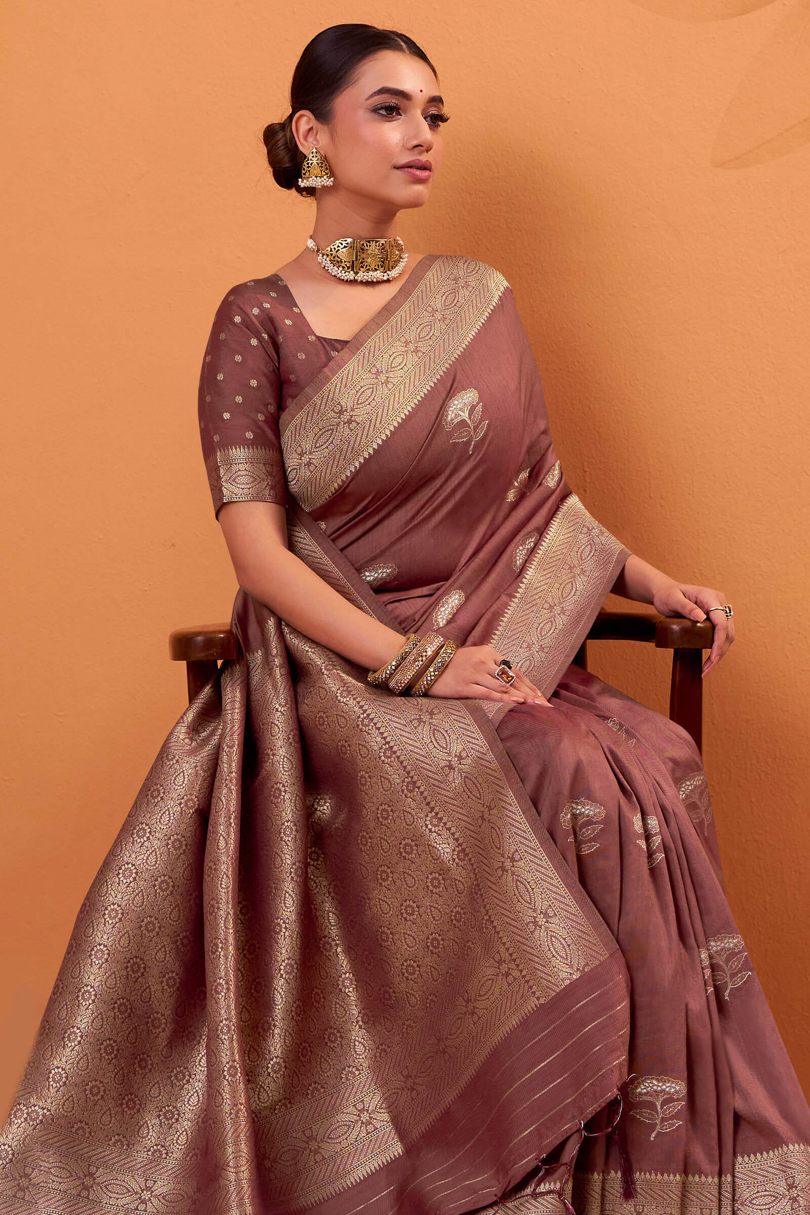 Dalliance Brown Banarasi Tussar Silk Saree With Demesne Blouse Piece