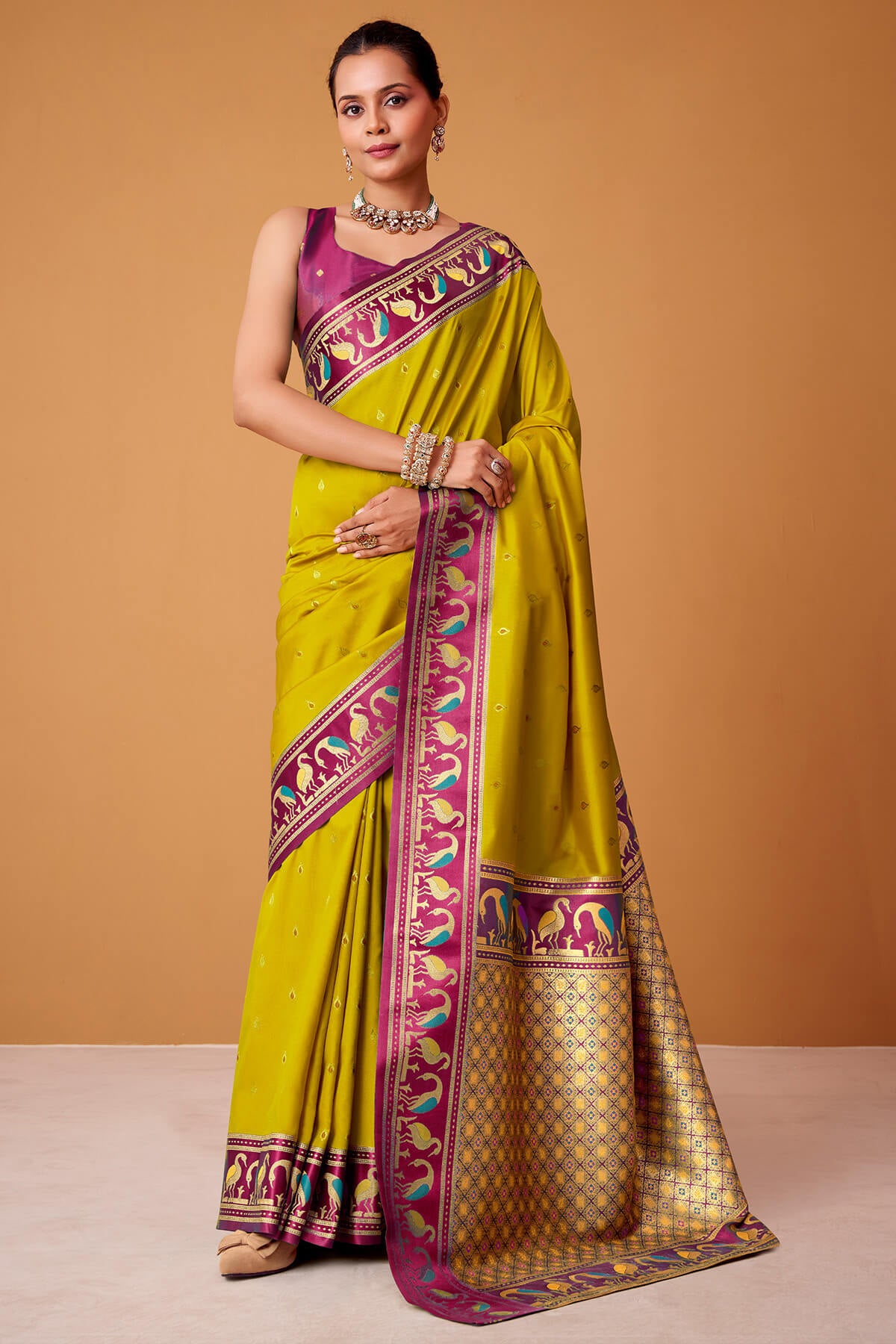 Gorgeous Mustard Banarasi Satin Silk Saree With Prodigal Blouse