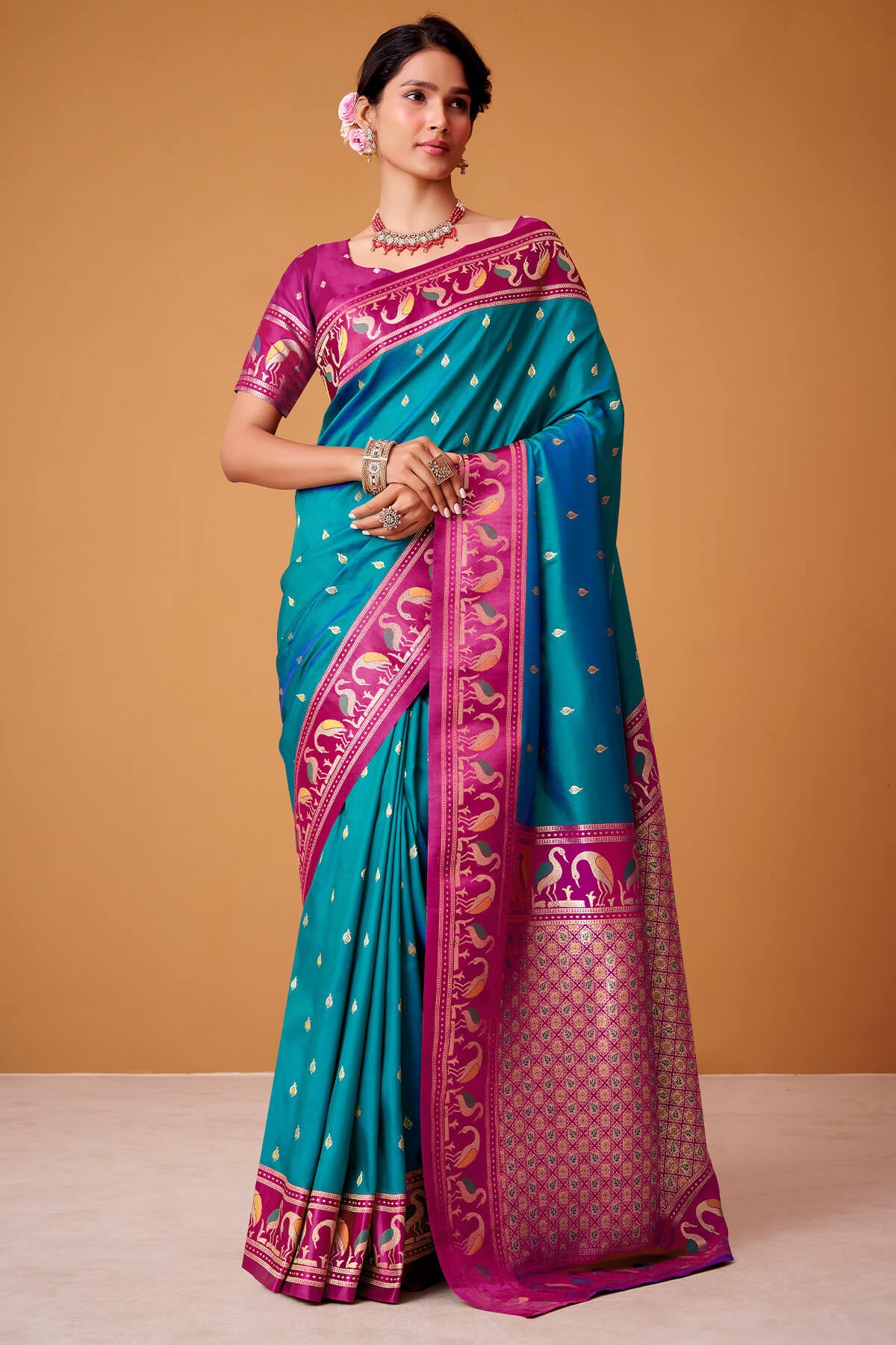 Flamboyant Blue Banarasi Satin Silk Saree With Verdant Blouse