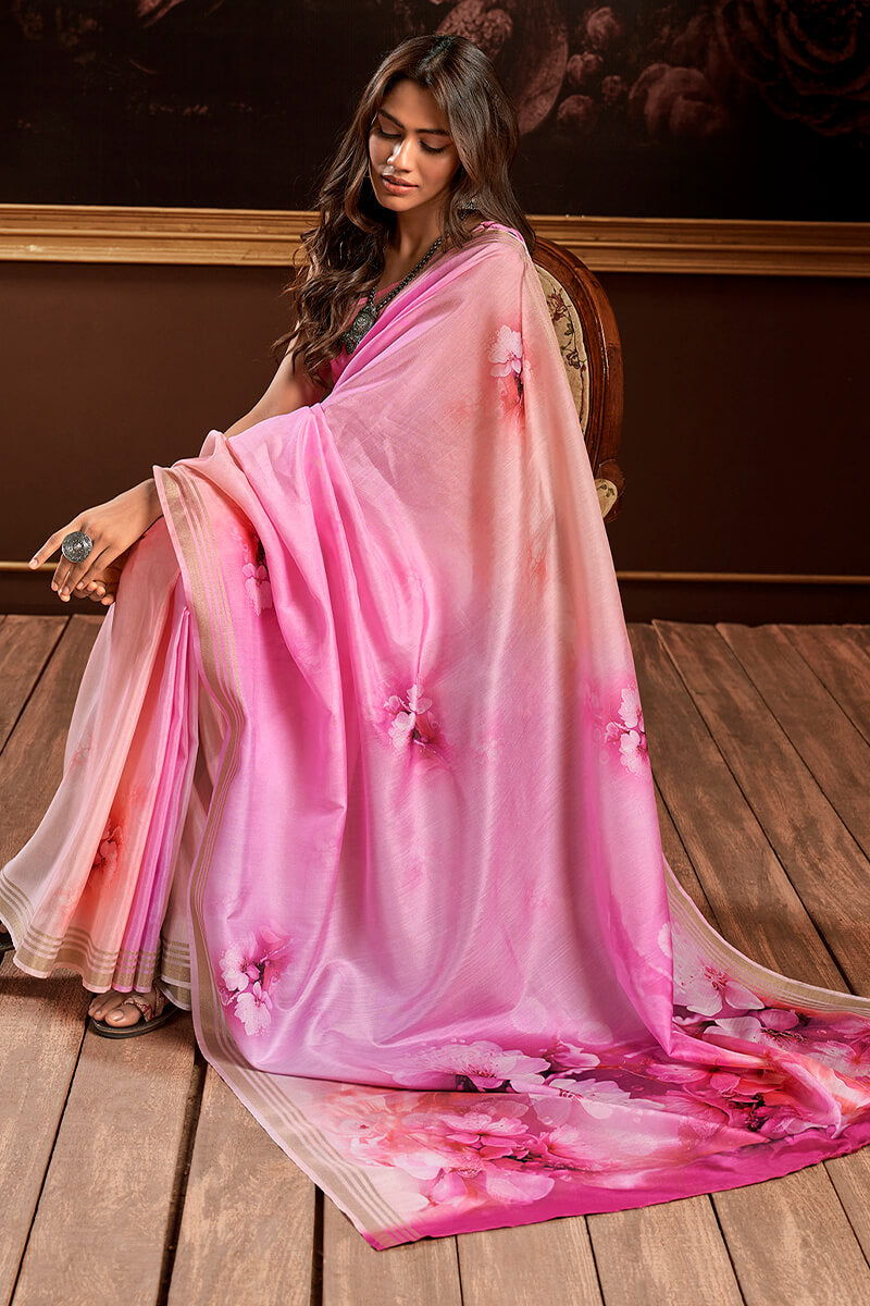 Tremendous Pink Digital Printed Soft Silk Saree With Scrupulous Blouse Piece