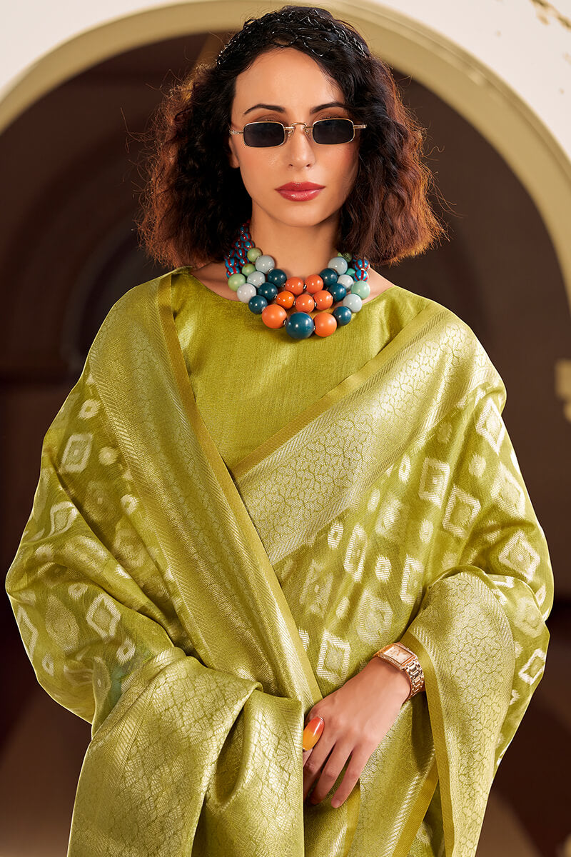 Extraordinary Mehndi Soft Banarasi Tissue Silk Saree With Sizzling Blouse Piece