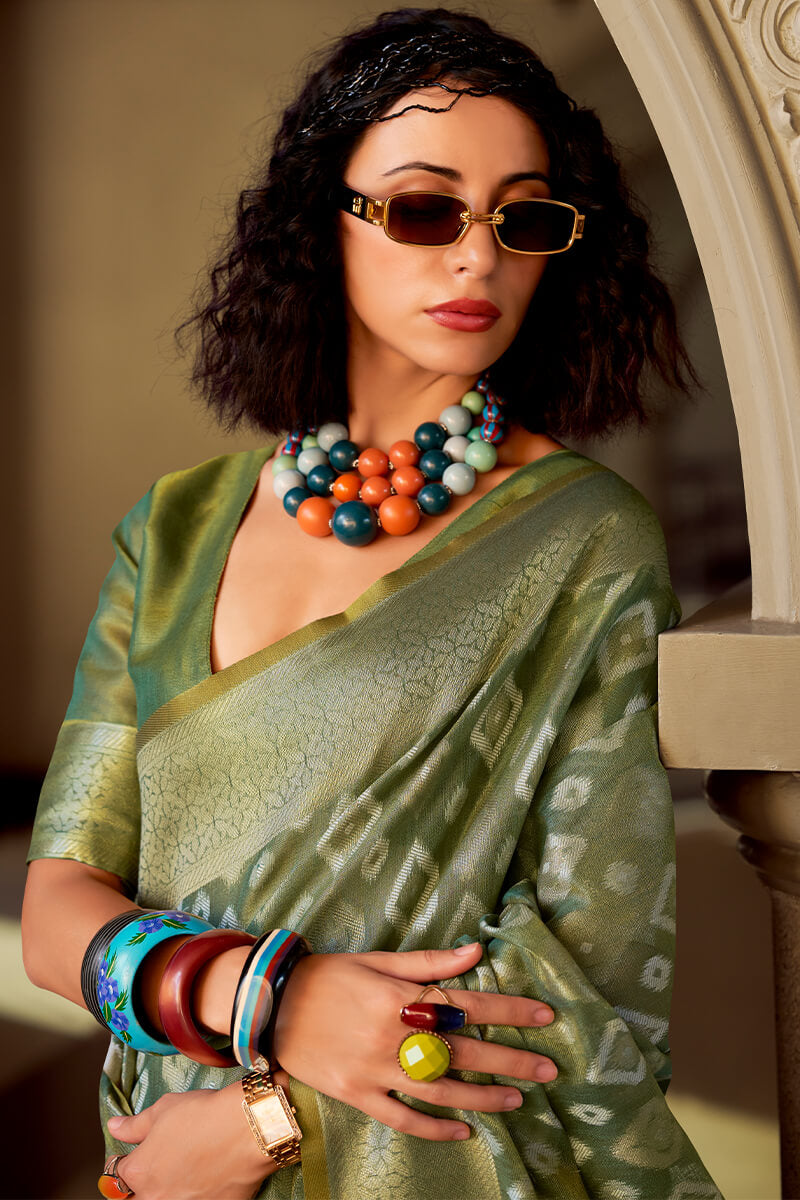 Vivacious Green Soft Banarasi Tissue Silk Saree With Excellent Blouse Piece