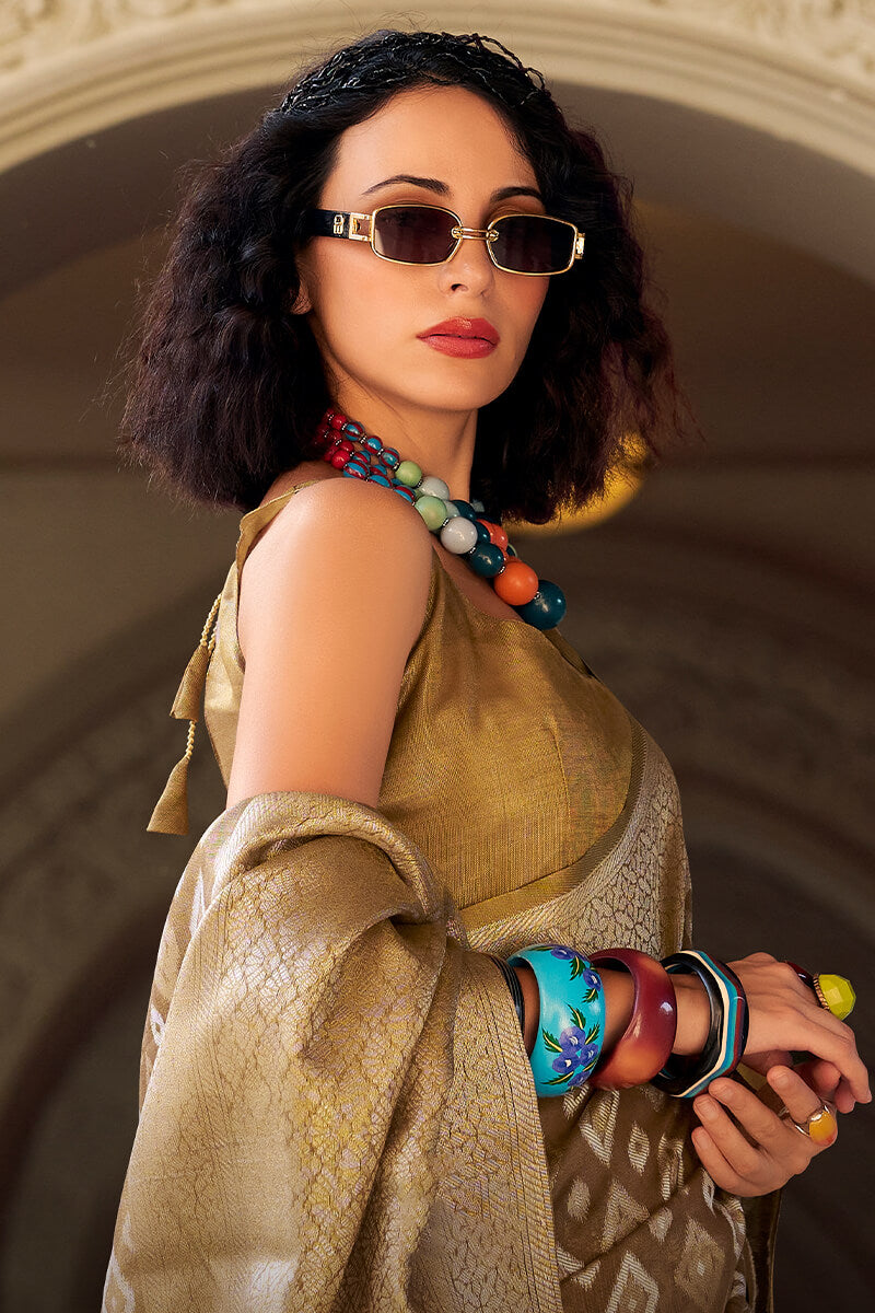 Lassitude Brown Soft Banarasi Tissue Silk Saree With Nectarous Blouse Piece