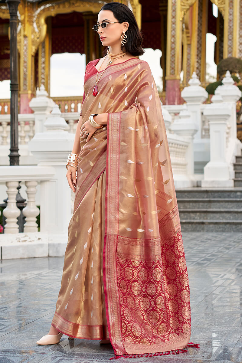 Enchanting Brown Soft Banarasi Silk Saree With Ethnic Blouse Piece