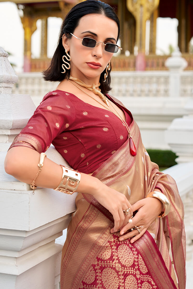 Enchanting Brown Soft Banarasi Silk Saree With Ethnic Blouse Piece