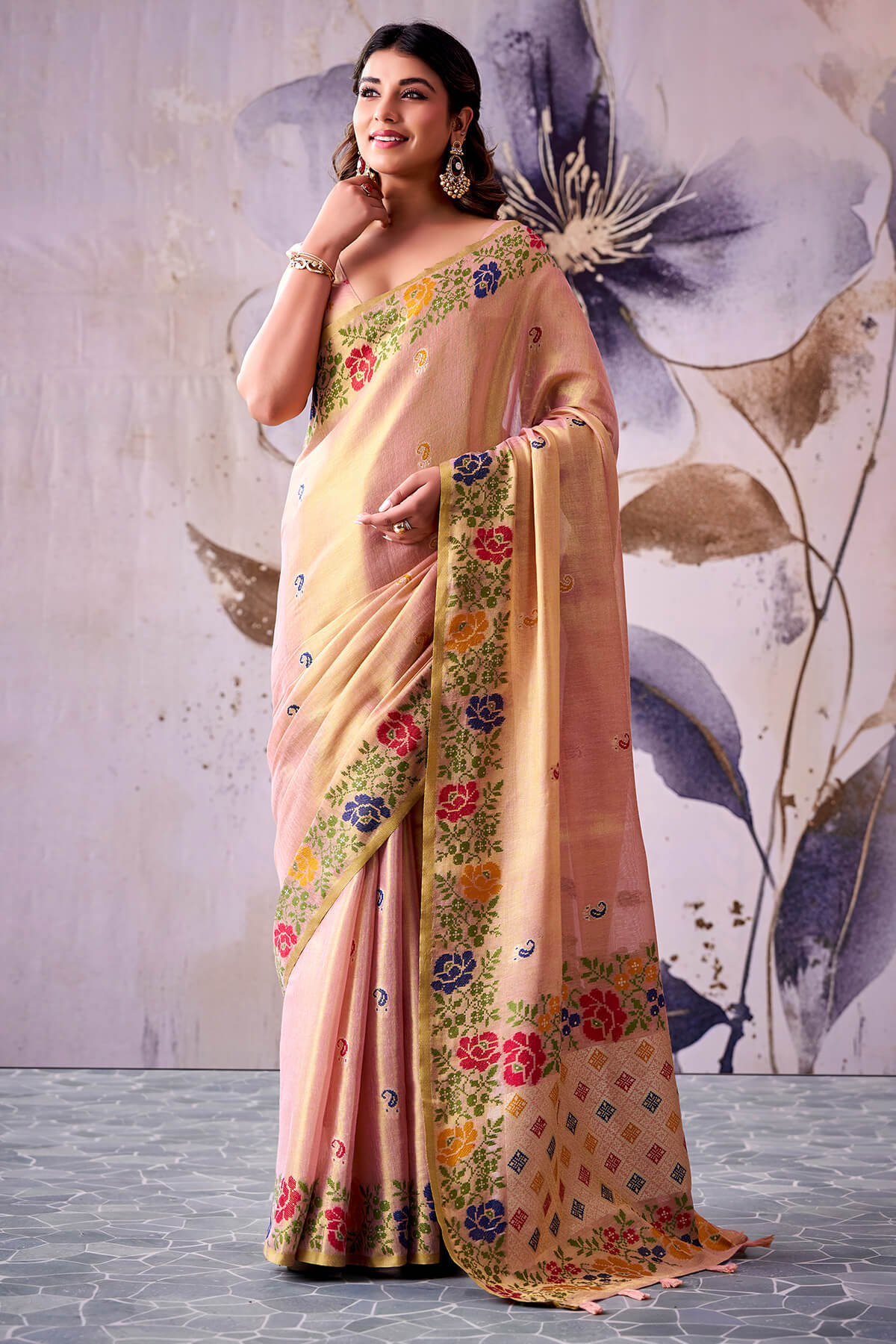 Enthralling Baby Pink Banarasi Tissue Silk Saree With Exquisite Blouse Piece