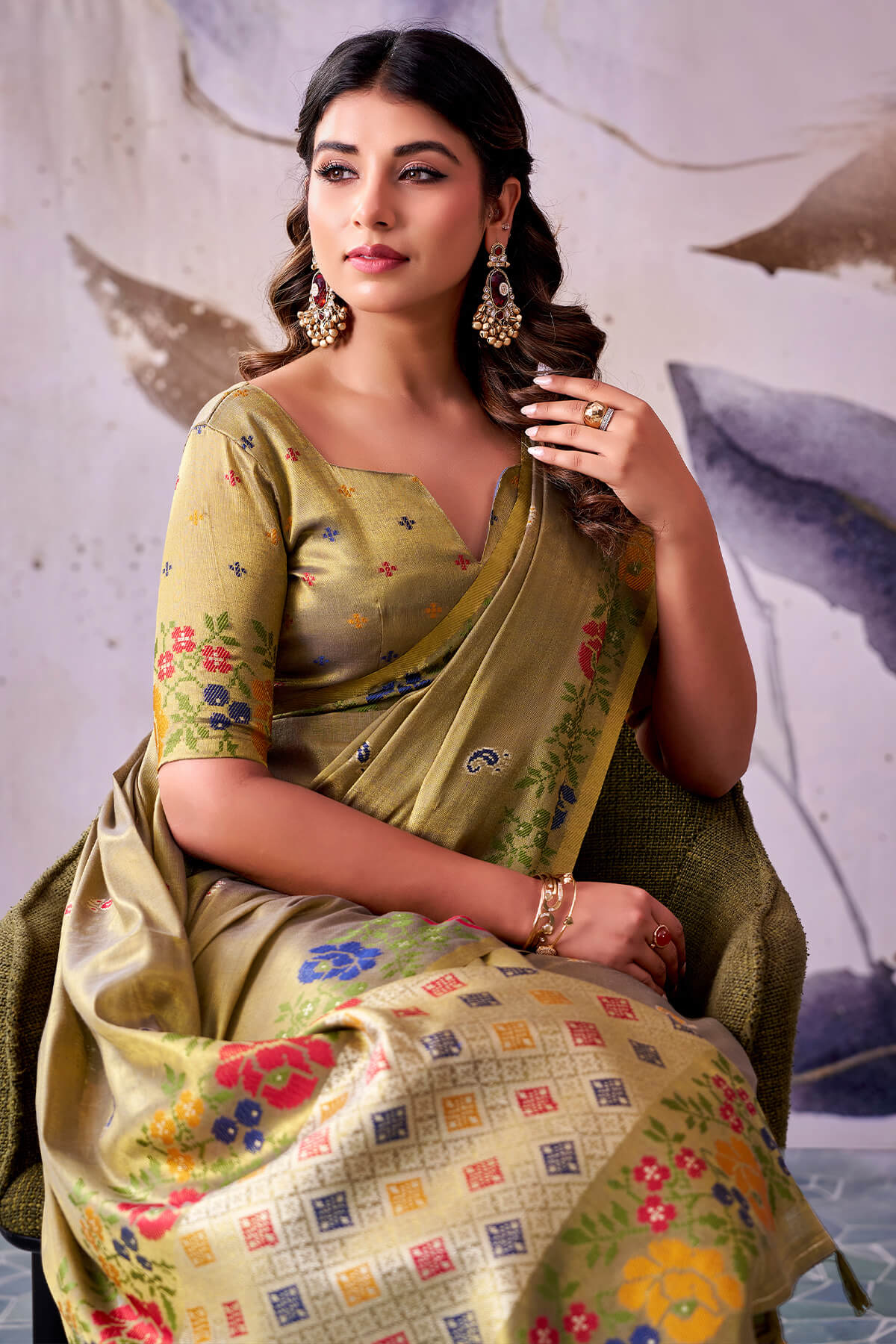 Alluring Mehndi Banarasi Tissue Silk Saree With Smashing Blouse Piece