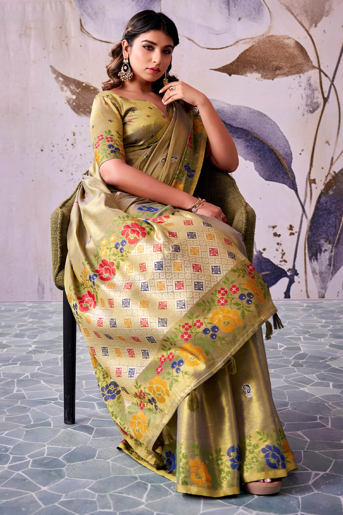 Alluring Mehndi Banarasi Tissue Silk Saree With Smashing Blouse Piece