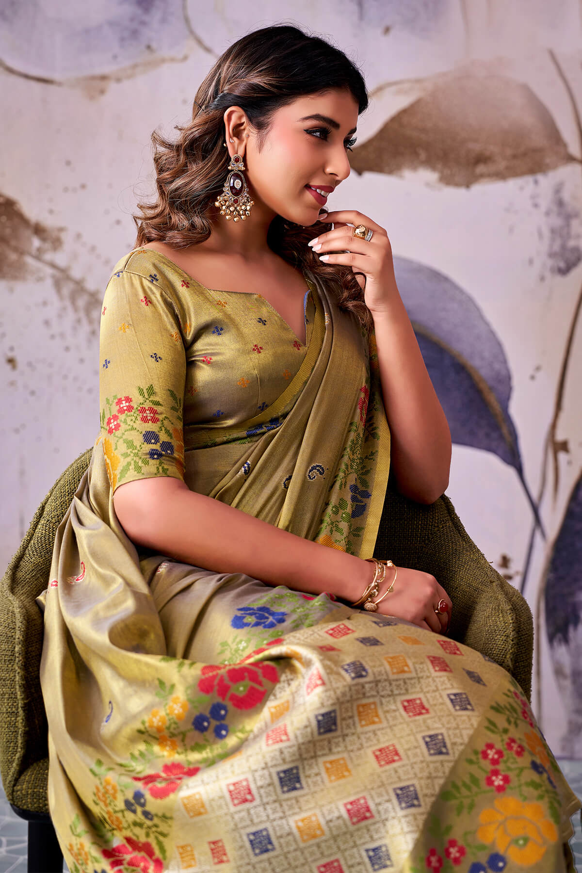 Alluring Mehndi Banarasi Tissue Silk Saree With Smashing Blouse Piece