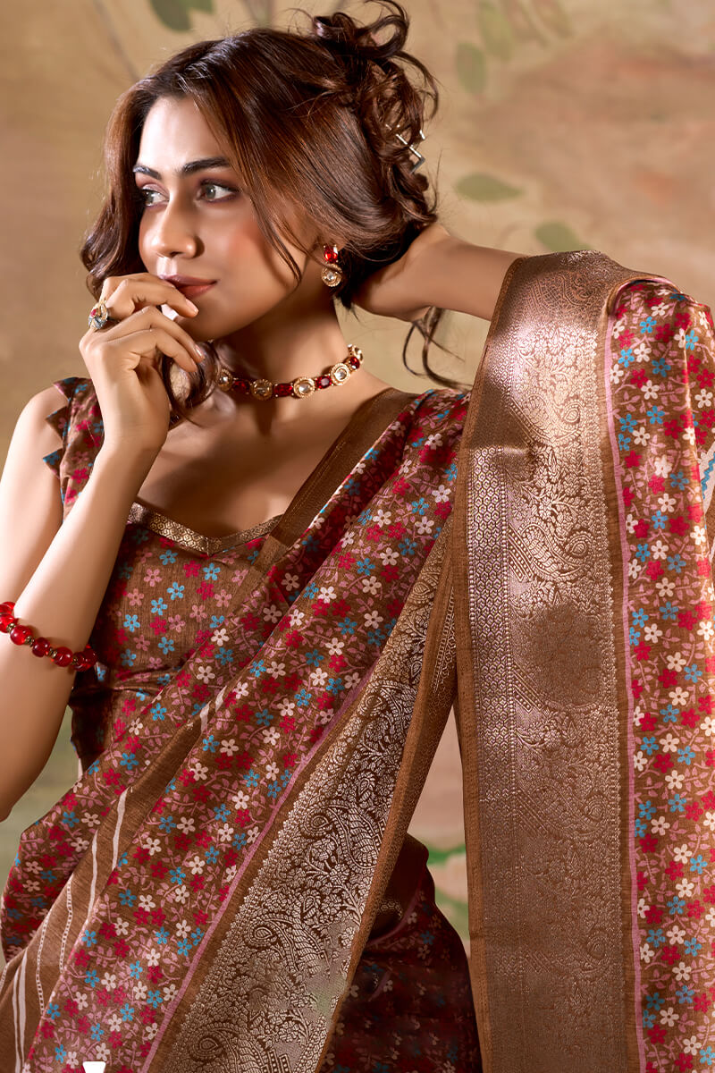 Adorable Brown Digital Printed Dola Silk Saree With Pretty Blouse Piece