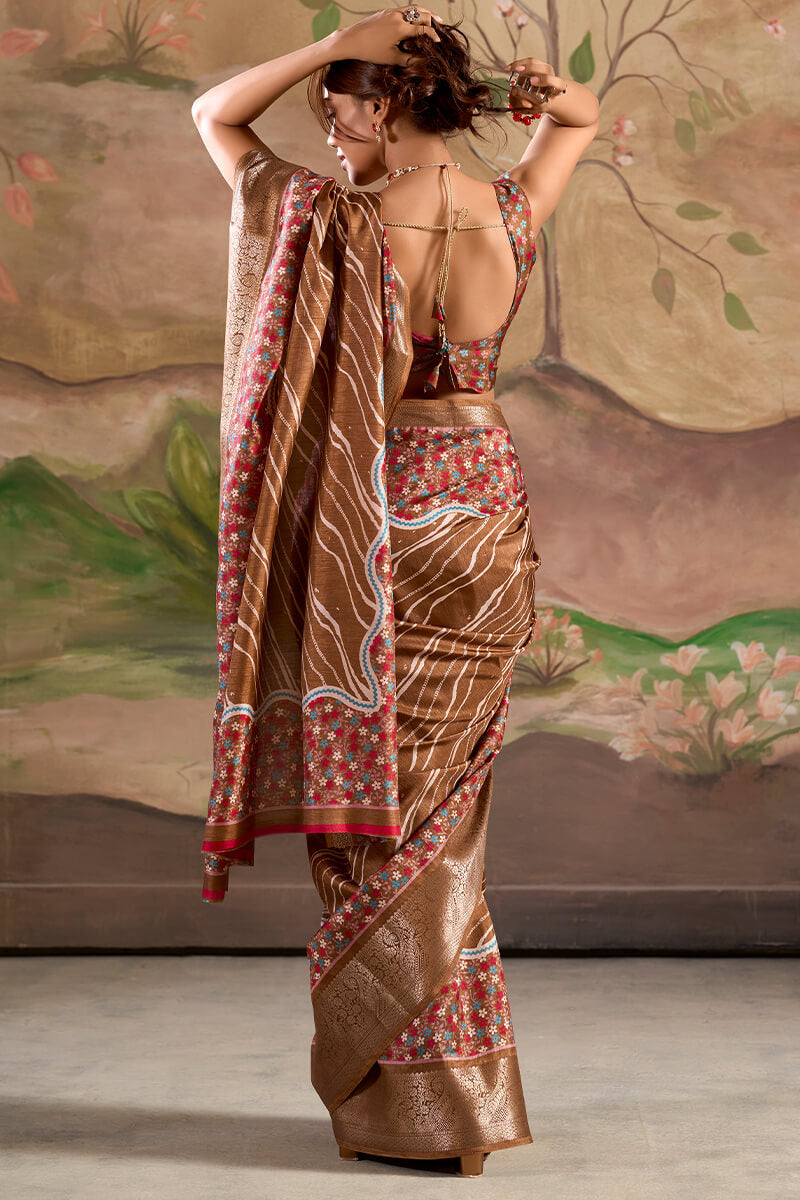 Adorable Brown Digital Printed Dola Silk Saree With Pretty Blouse Piece