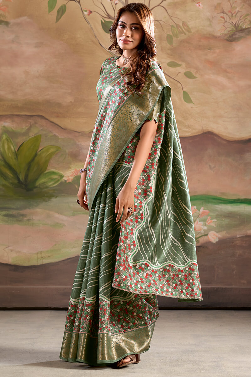 Impressive Green Digital Printed Dola Silk Saree With Twirling Blouse Piece