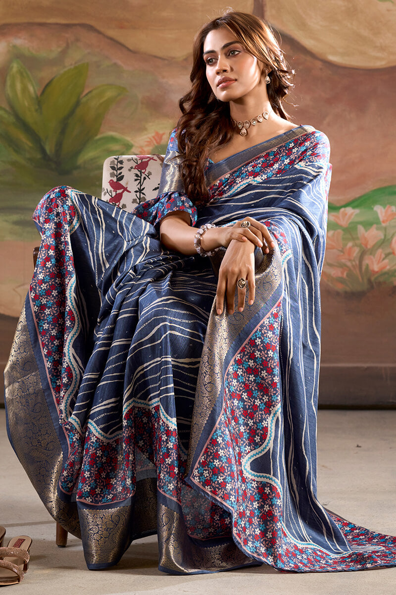 Classy Blue Digital Printed Dola Silk Saree With Fancifull Blouse Piece
