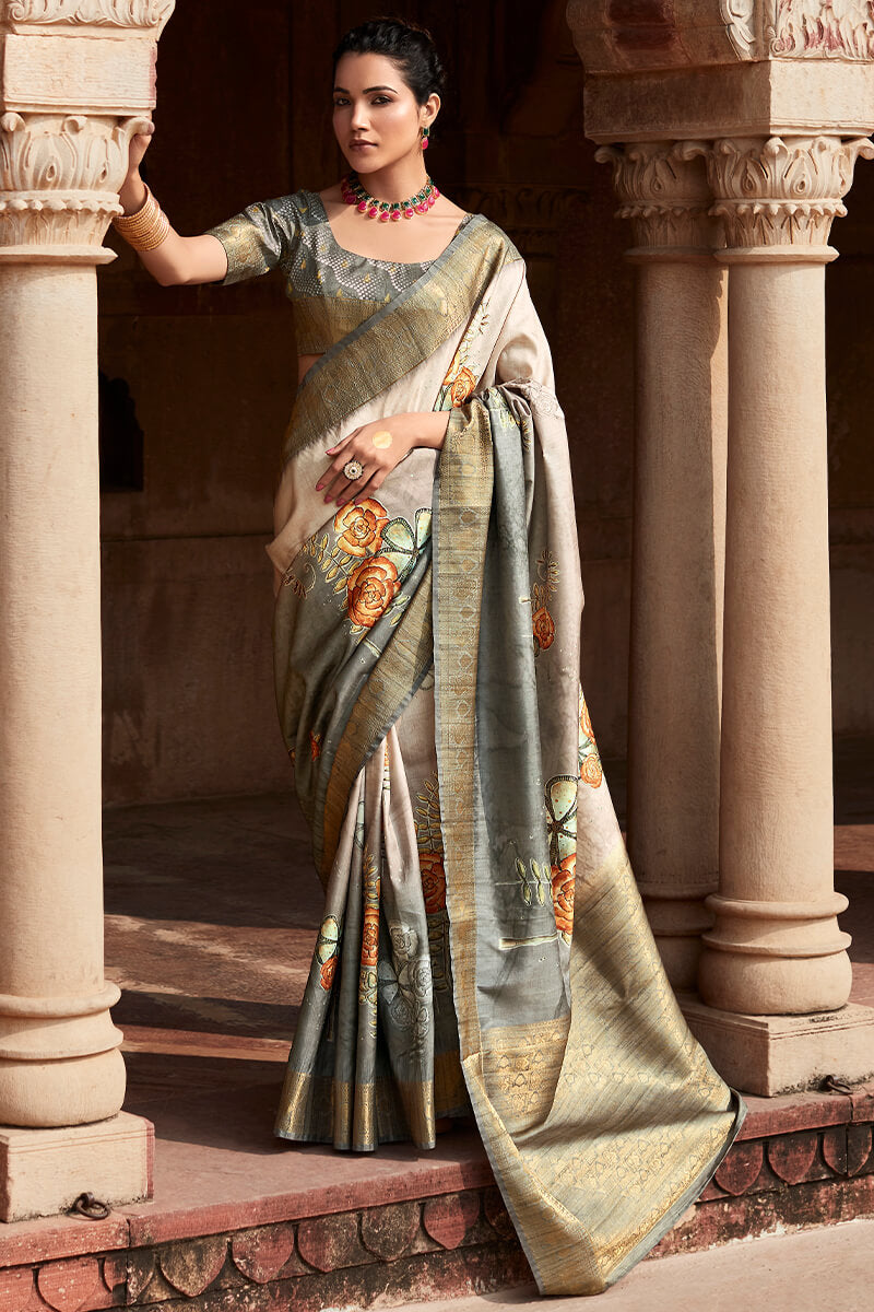 Smashing Grey Digital Printed Soft Silk Saree With Sonorous Blouse Pie –  LajreeDesigner