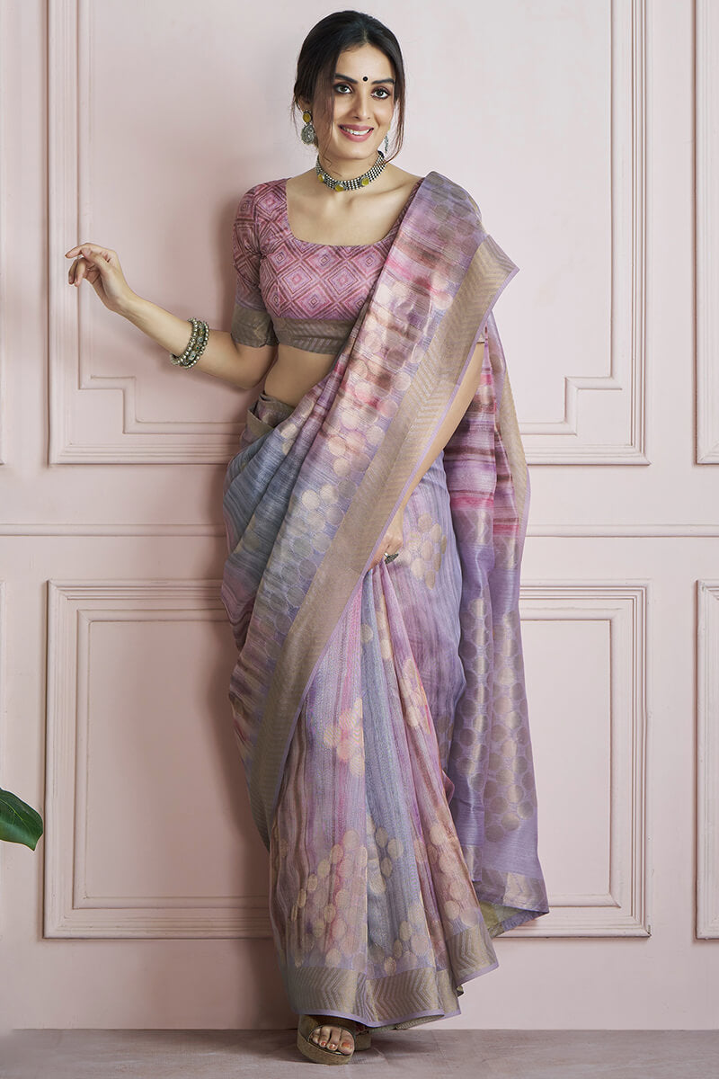 Incredible Lavendor Digital Printed Khadi Silk Saree With Effervescent Blouse Piece