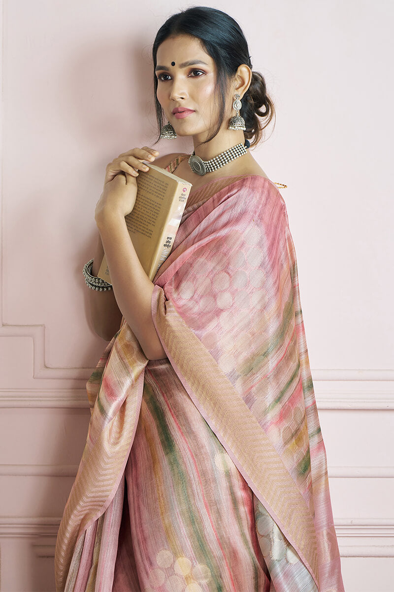 Opulent Pink Digital Printed Khadi Silk Saree With Nemesis Blouse Piece