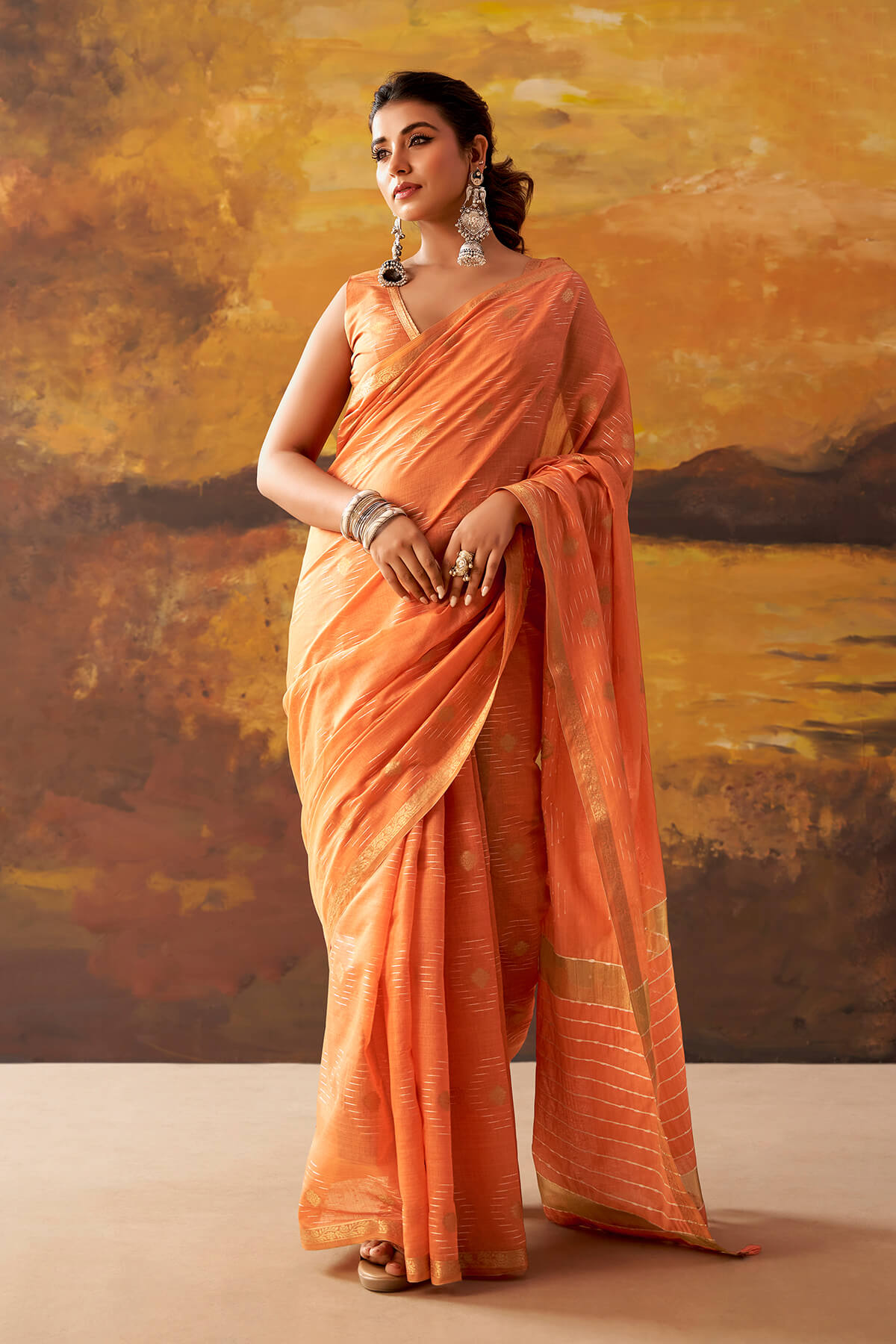 Confounding Orange Cotton Silk Saree With Pretty Blouse Piece