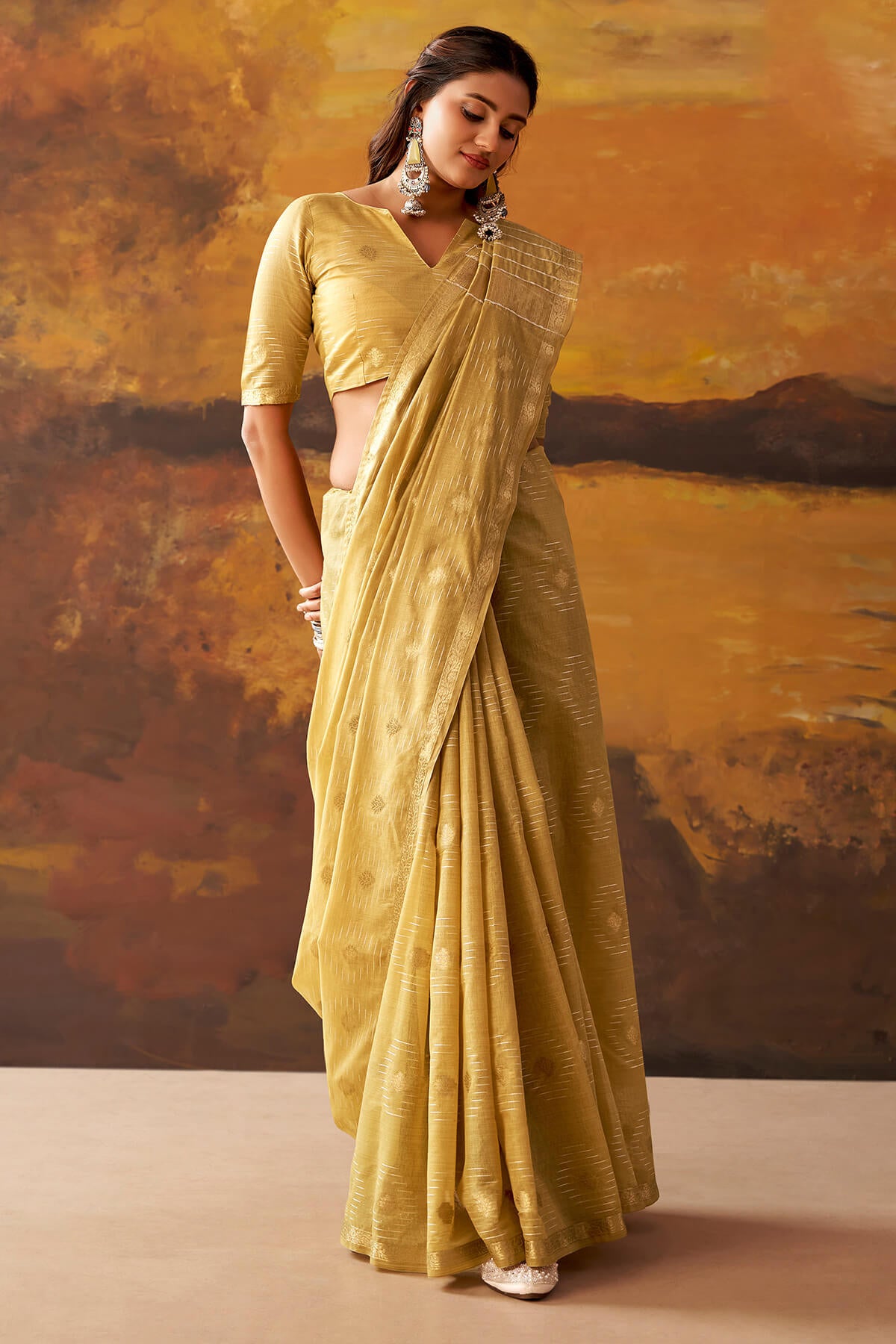 Tremendous Beige Cotton Silk Saree With Stunner Blouse Piece
