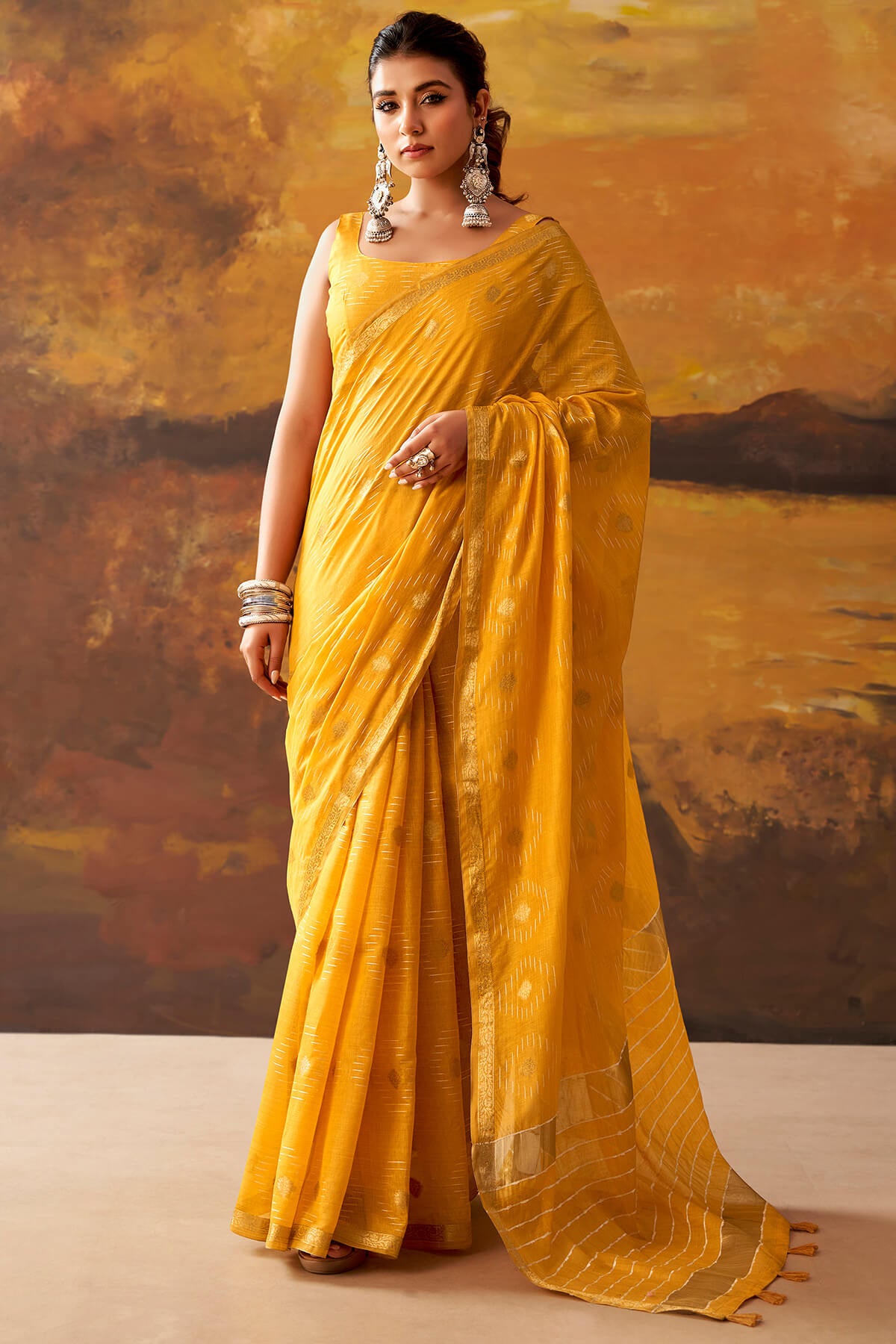 Ethnic Yellow Cotton Silk Saree With Admirable Blouse Piece
