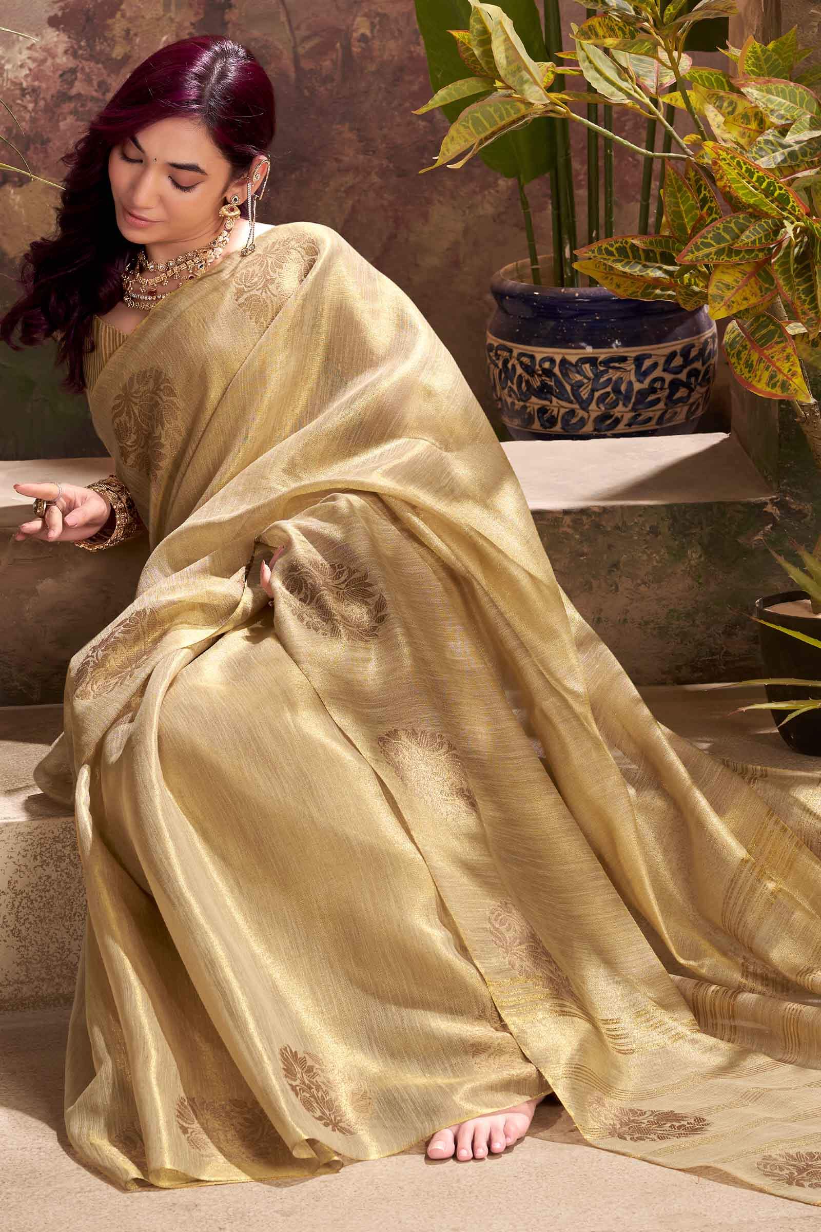 Propinquity Beige Soft Banarasi Tissue Silk Saree With Enchanting Blouse Piece