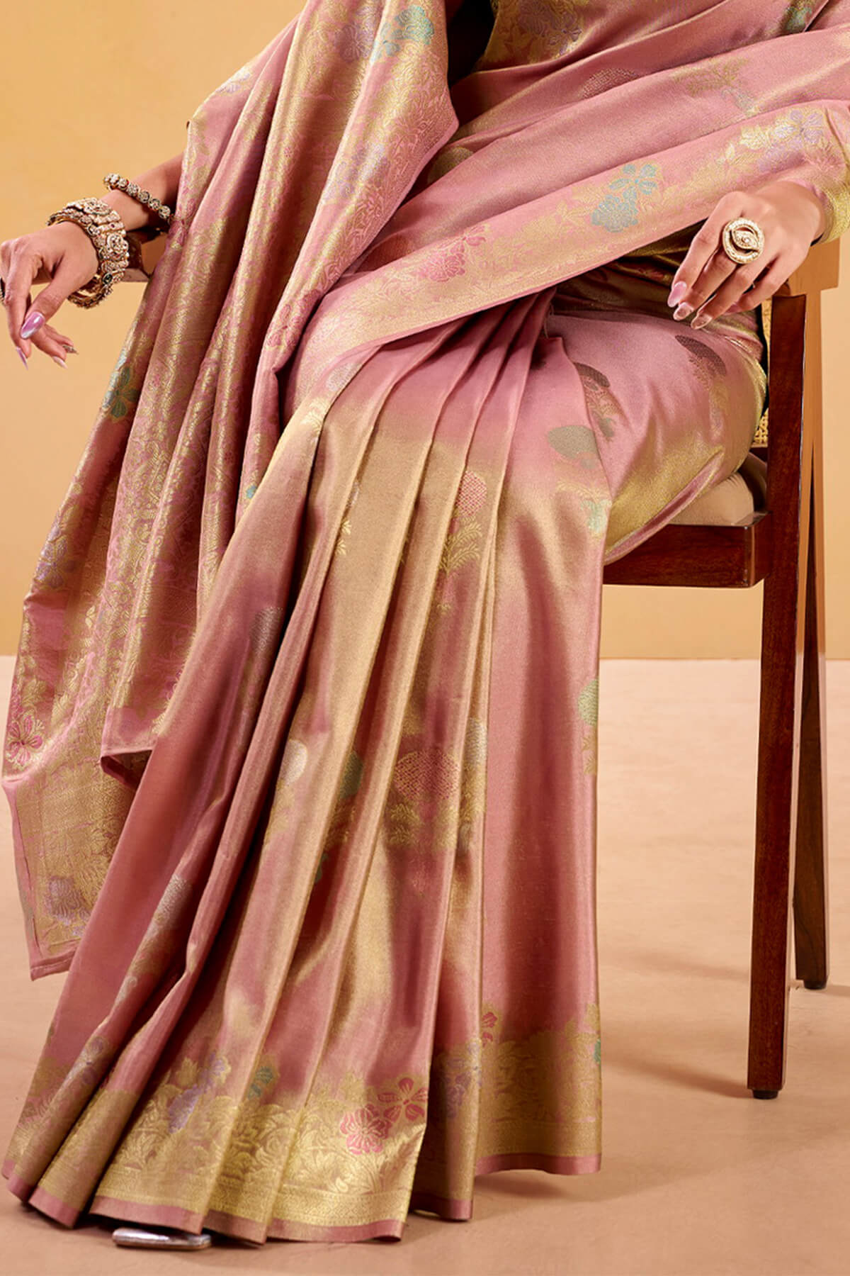 Panache Baby Pink Banarasi Tissue Silk Saree With Beleaguer Blouse Piece