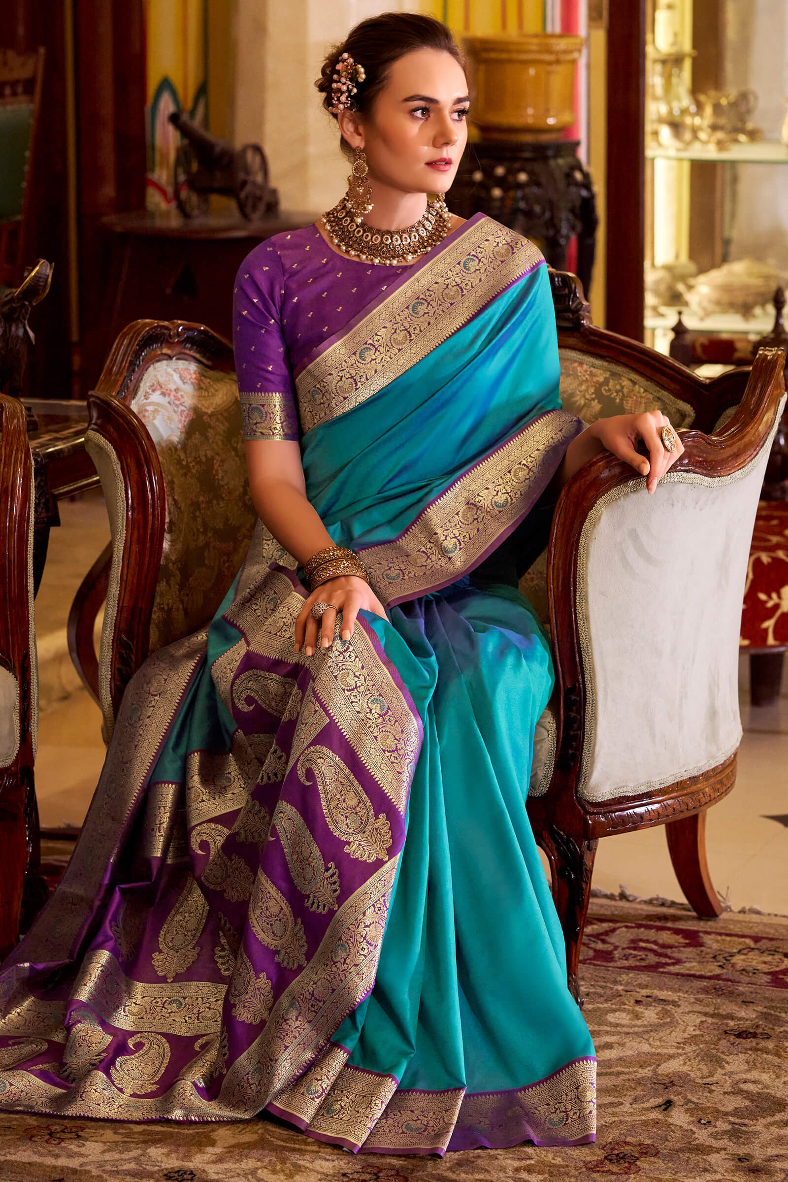 Intricate Firozi Soft Banarasi Silk Saree With Fairytale Blouse Piece