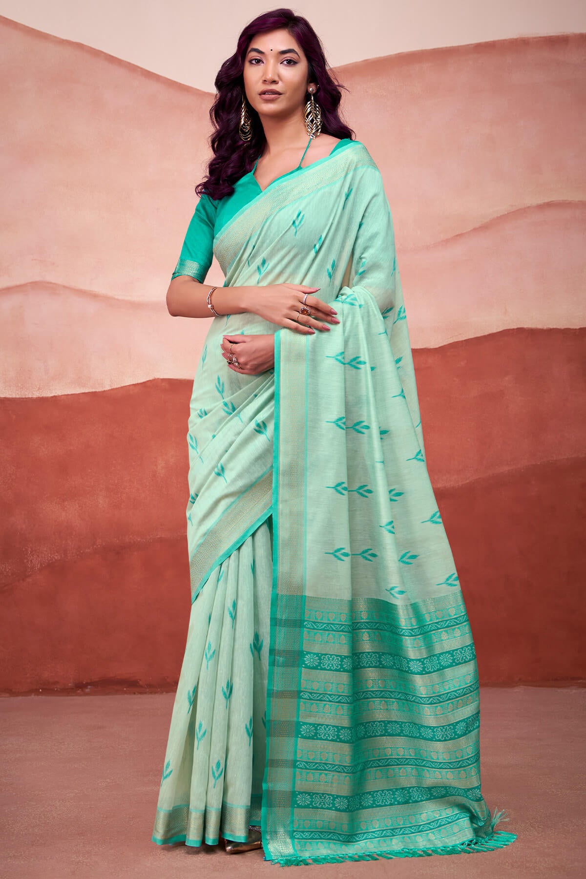 Nebula Sea Green Cotton Silk Saree With Panoply Blouse Piece
