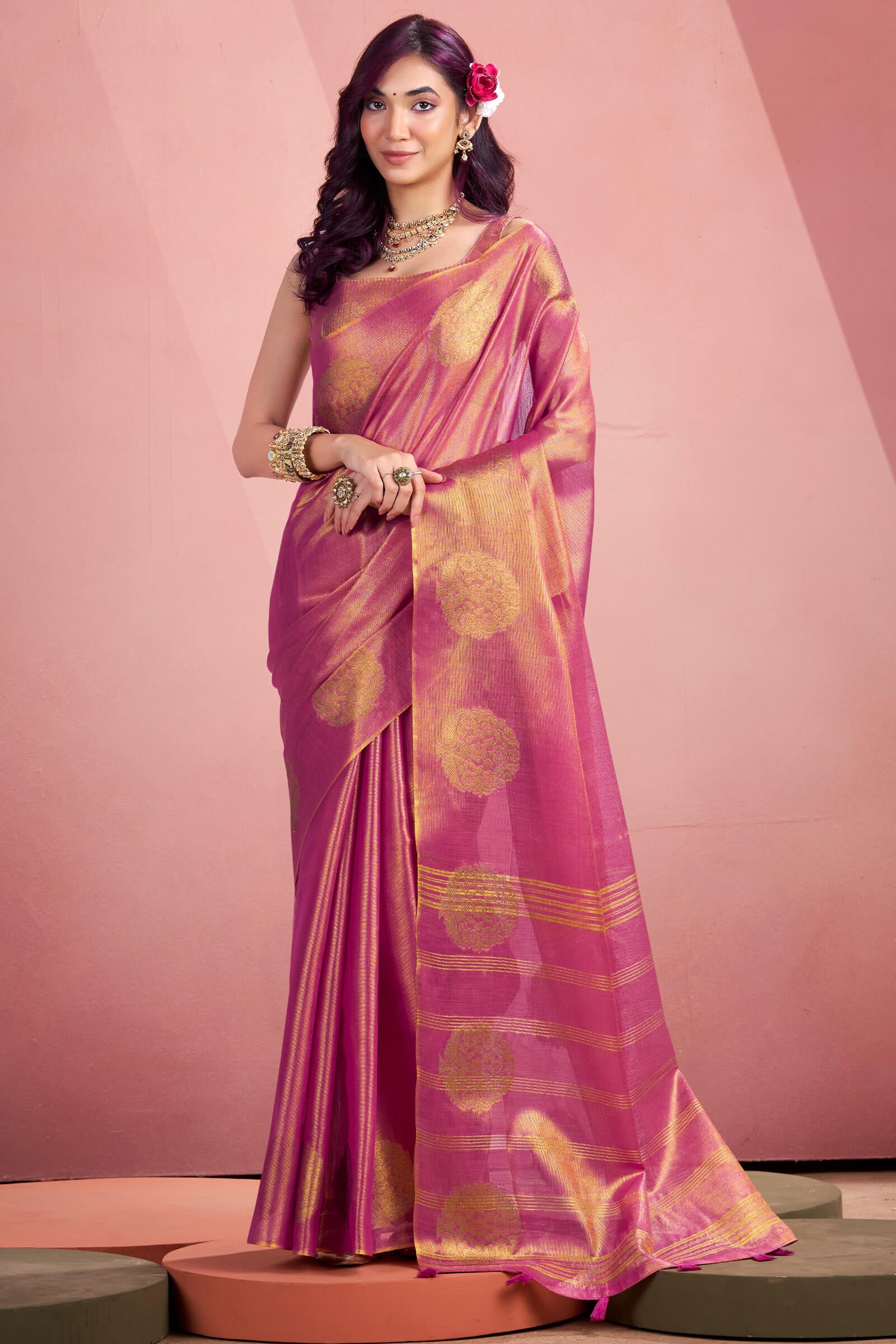Petrichor Dark Pink Soft Banarasi Tissue Silk Saree With Devastating Blouse Piece