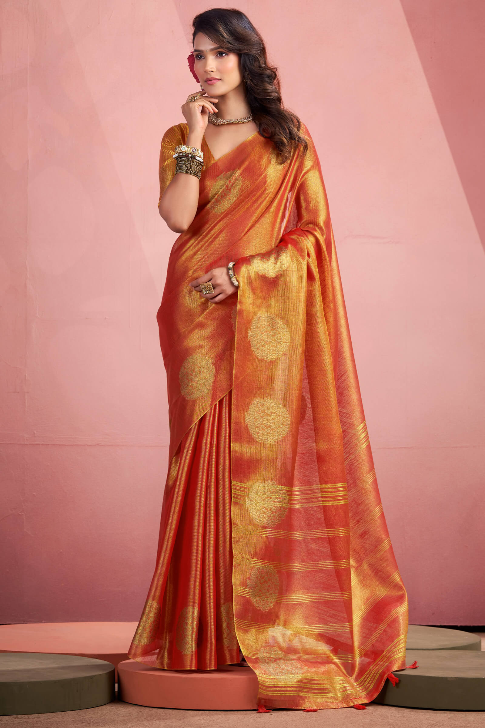 Aplomb Orange Soft Banarasi Tissue Silk Saree With Deserving Blouse Piece