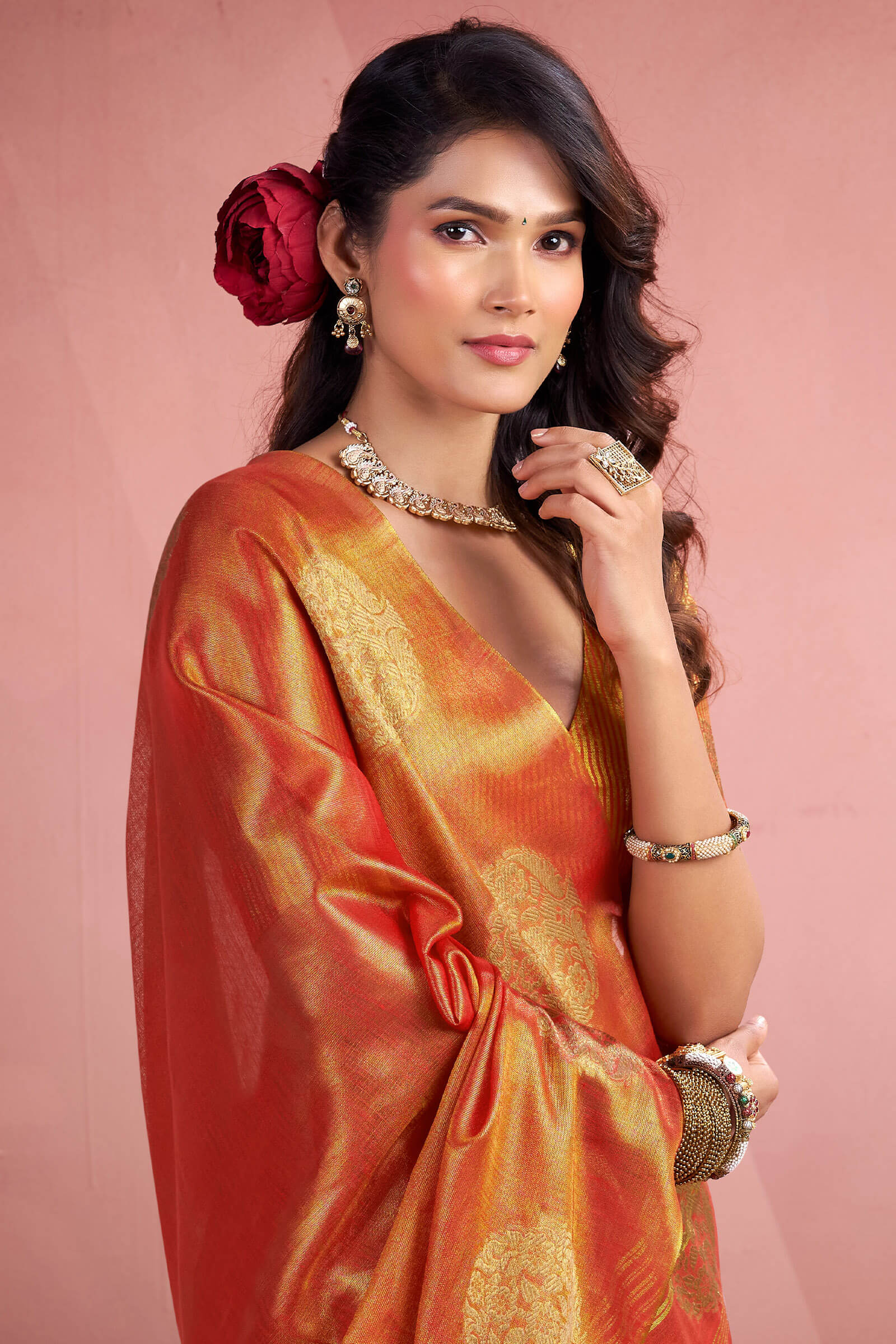 Aplomb Orange Soft Banarasi Tissue Silk Saree With Deserving Blouse Piece