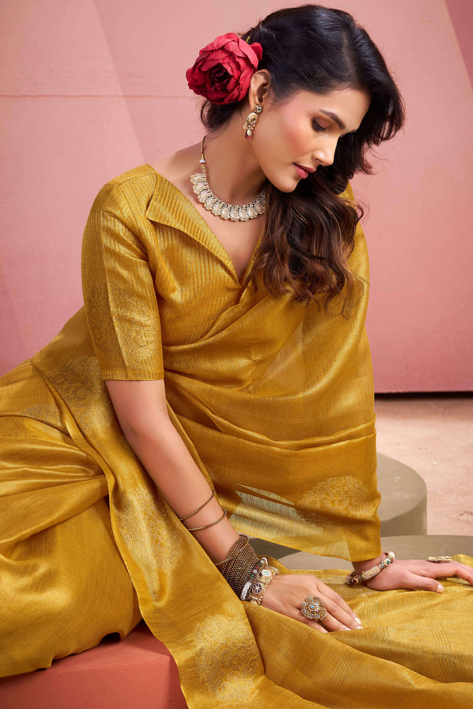 Sizzling Mustard Soft Banarasi Tissue Silk Saree With Delectable Blouse Piece
