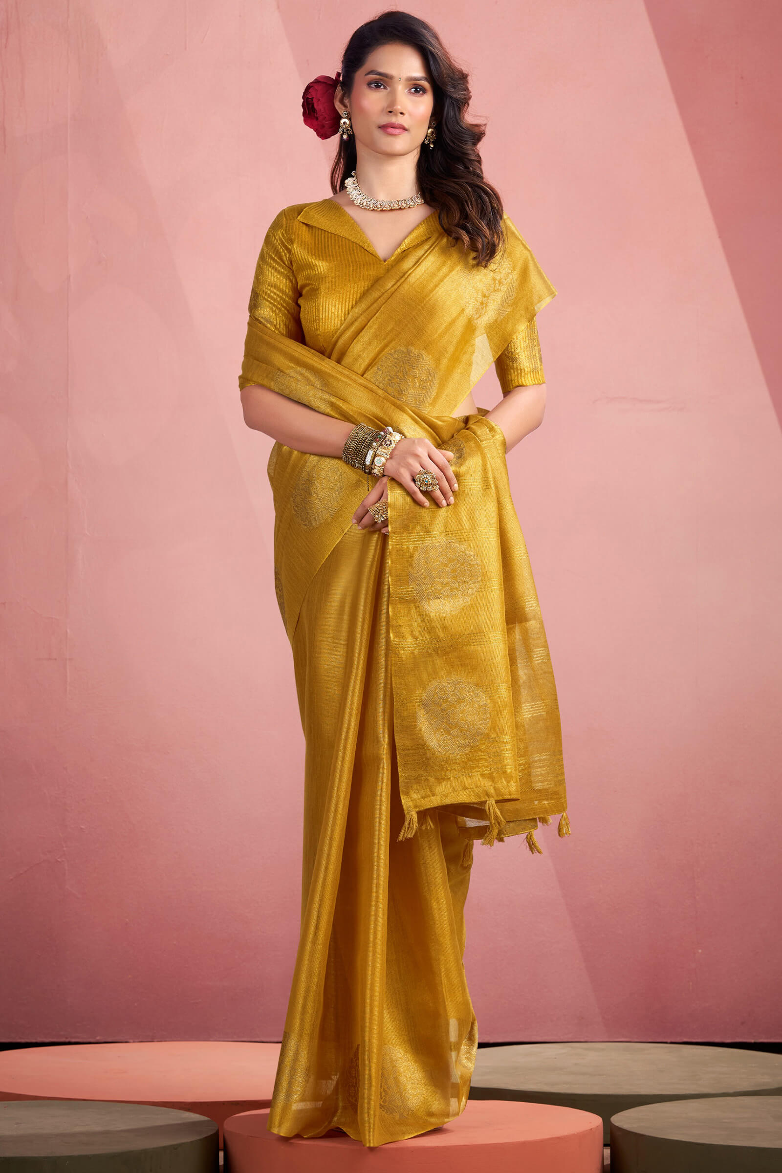 Sizzling Mustard Soft Banarasi Tissue Silk Saree With Delectable Blouse Piece