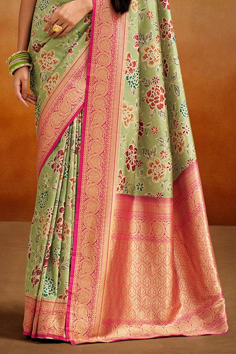 Ephemeral Pista Kalamkari Printed Saree With Winsome Blouse Piece