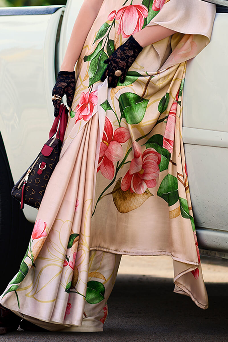 Sempiternal Beige Digital Printed Satin Silk Saree With Confounding Blouse Piece