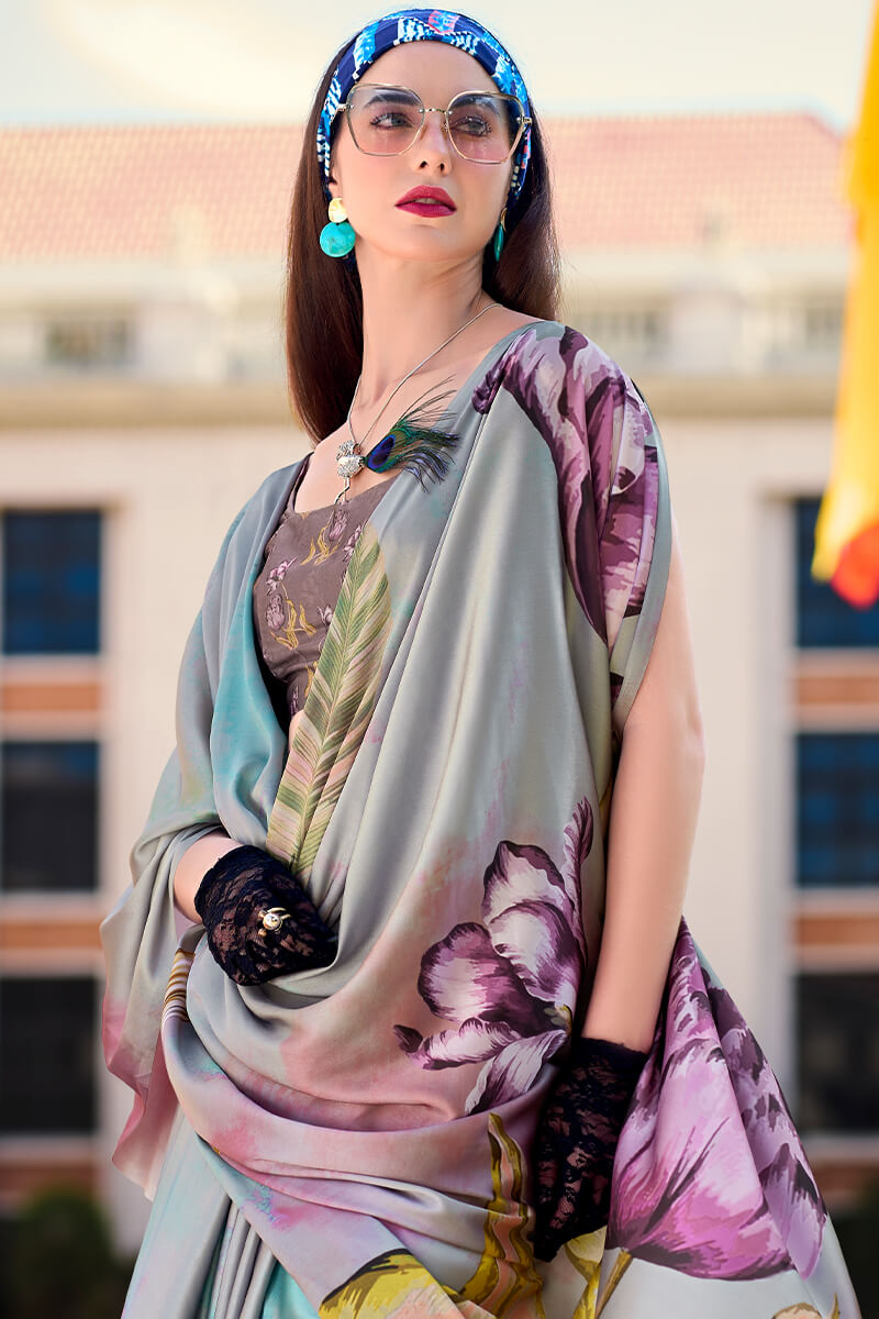 Flamboyant Grey Digital Printed Satin Silk Saree With Twirling Blouse Piece