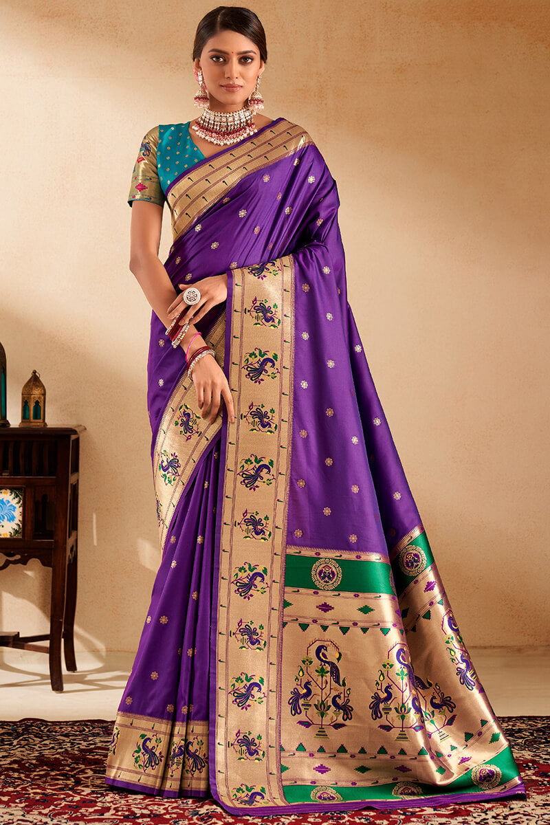 Ebullience Royal Purple Paithani Silk Saree With Dazzling Blouse Piece