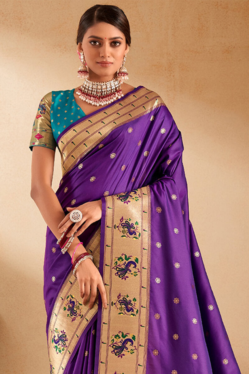 Ebullience Royal Purple Paithani Silk Saree With Dazzling Blouse Piece