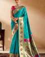 Embrocation Firozi Paithani Silk Saree With Demanding Blouse Piece