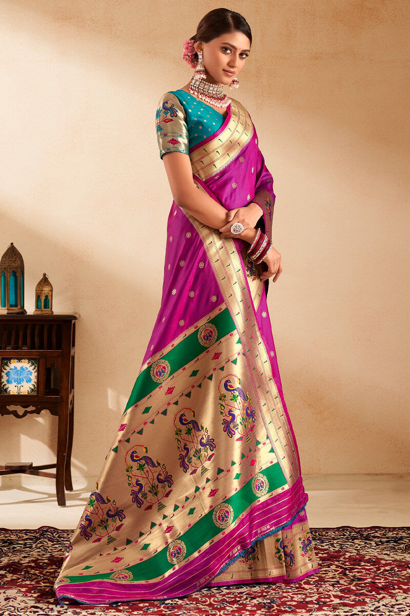 Eloquence Magenta Paithani Silk Saree With Fantabulous Blouse Piece