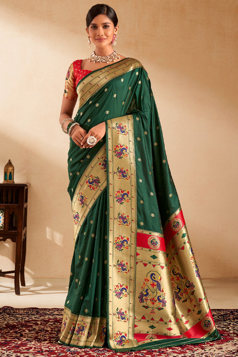 Panache Dark Green Paithani Silk Saree With Vestigial Blouse Piece