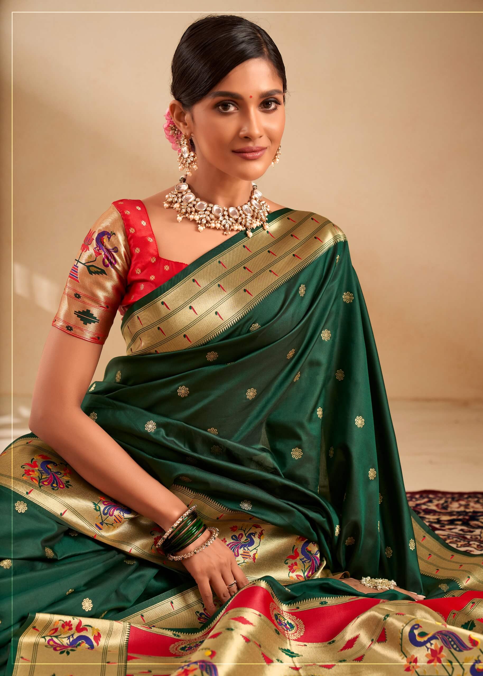 Panache Dark Green Paithani Silk Saree With Vestigial Blouse Piece