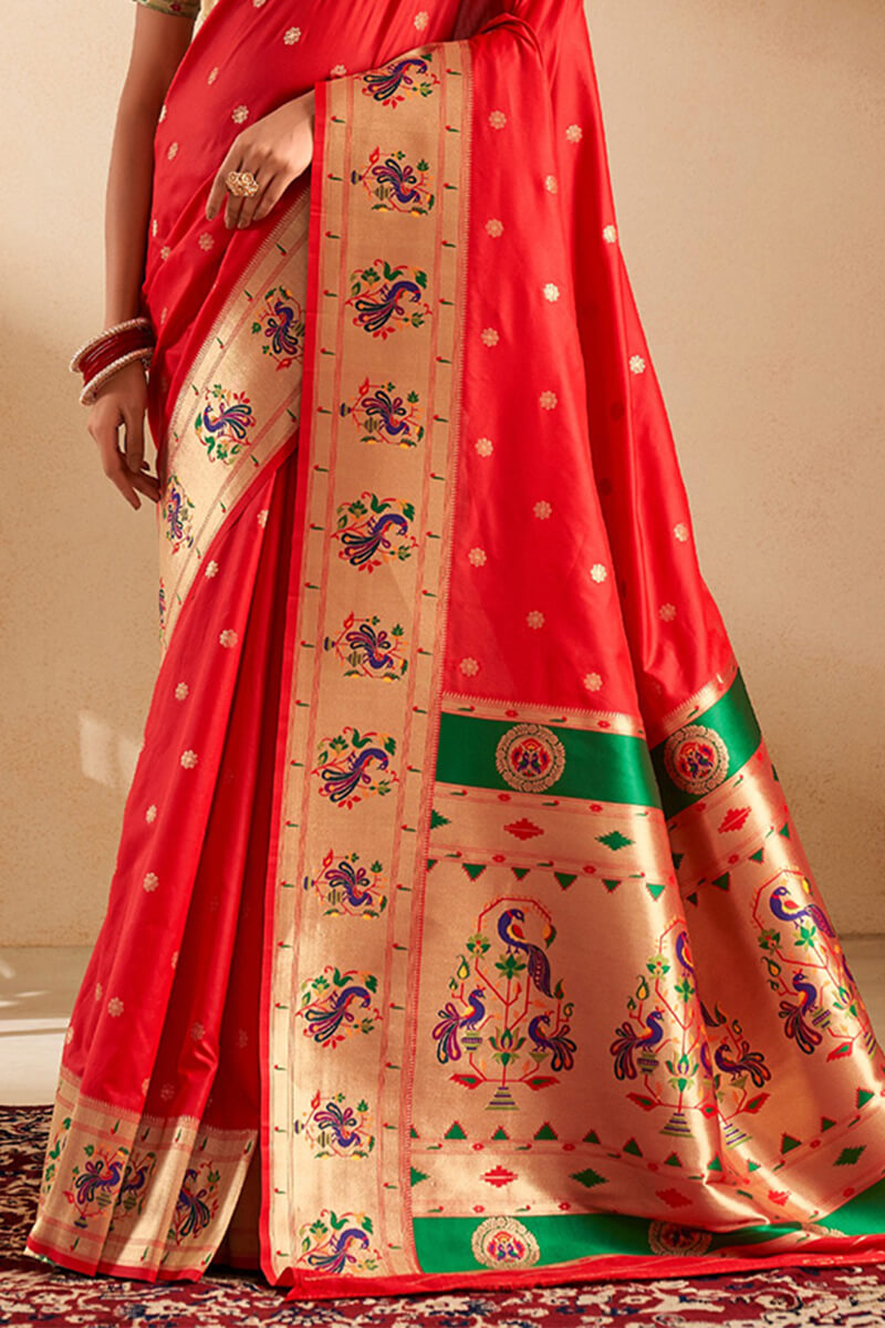 Ephemeral Red Paithani Silk Saree With Preferable Blouse Piece