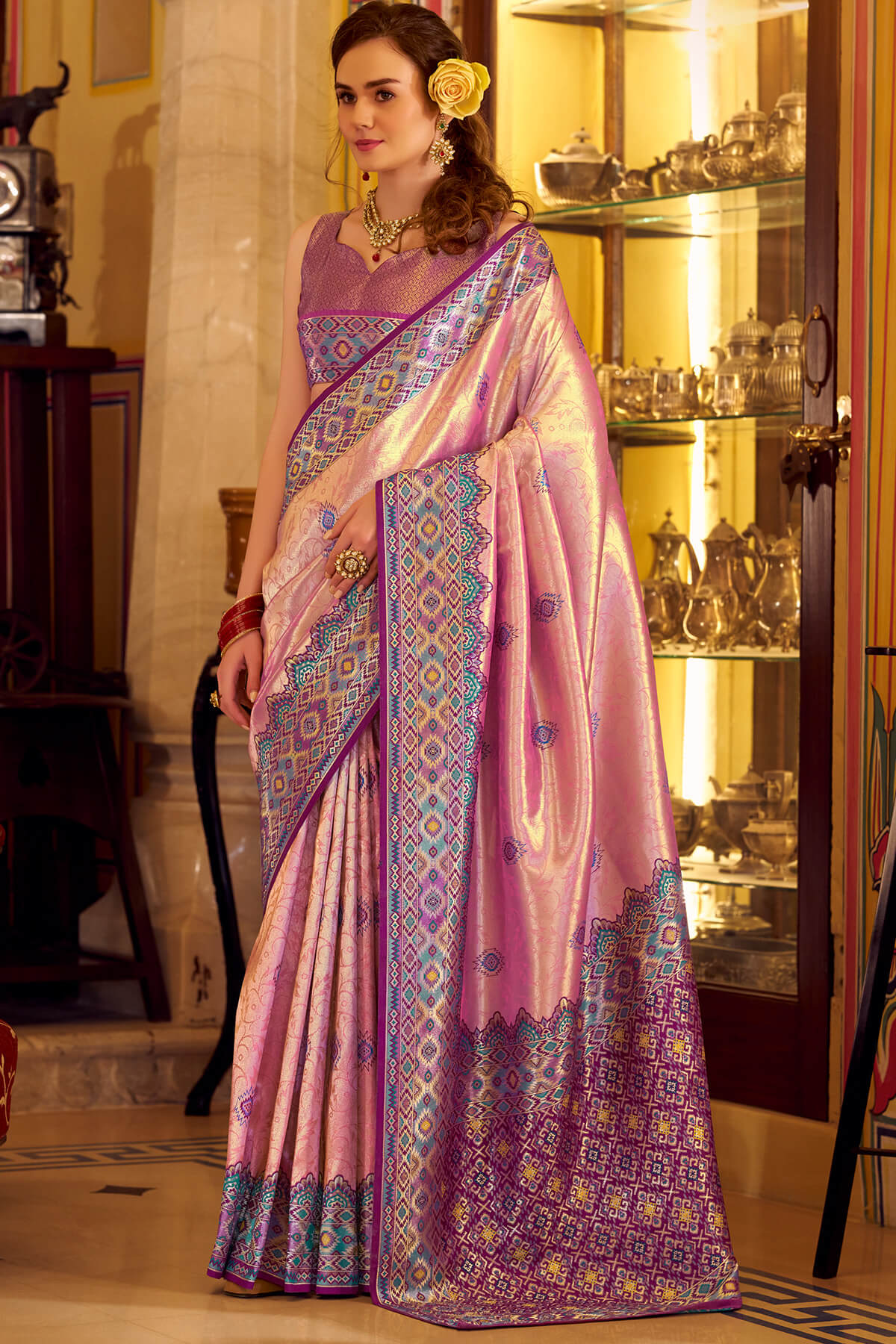 Glowing Pink Tissue Patola Silk Saree with Ephemeral Blouse Piece