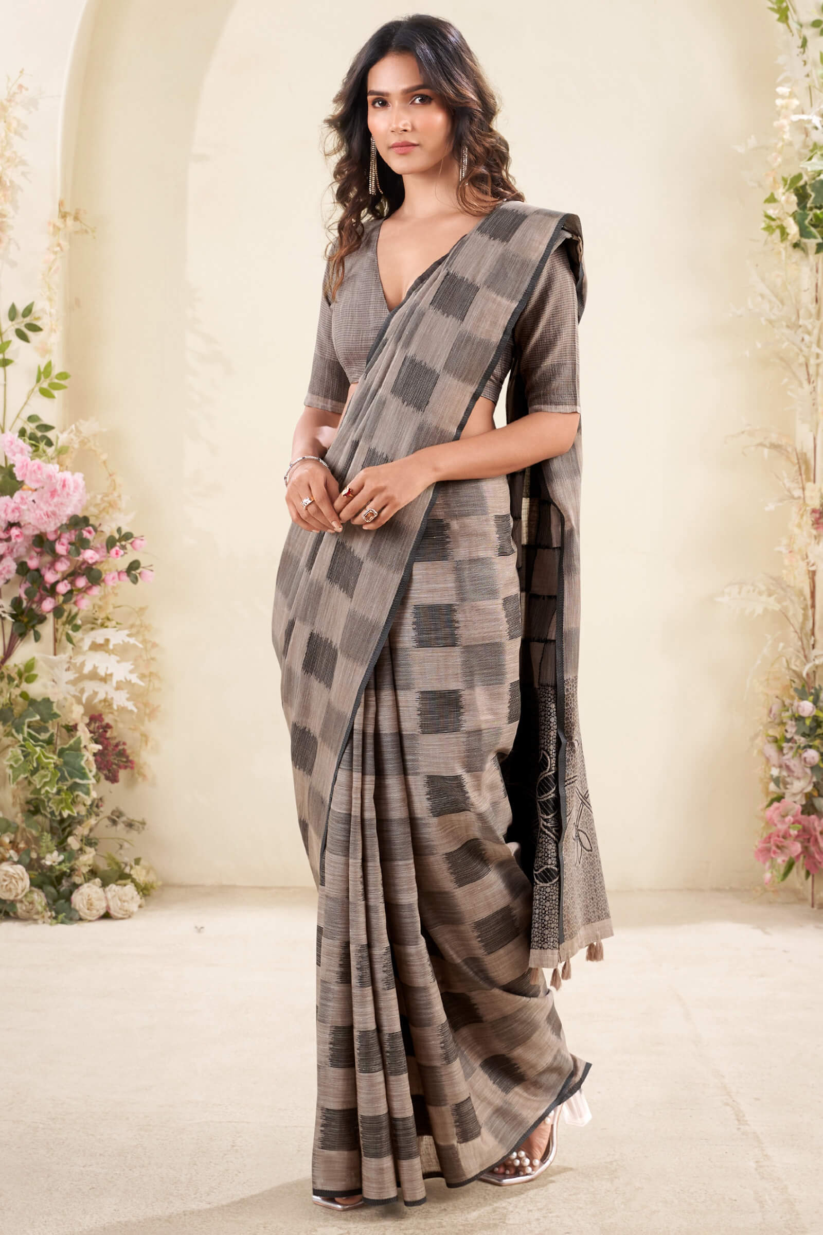 Super Classy Brown Cotton Silk Saree With Eclat Blouse Piece